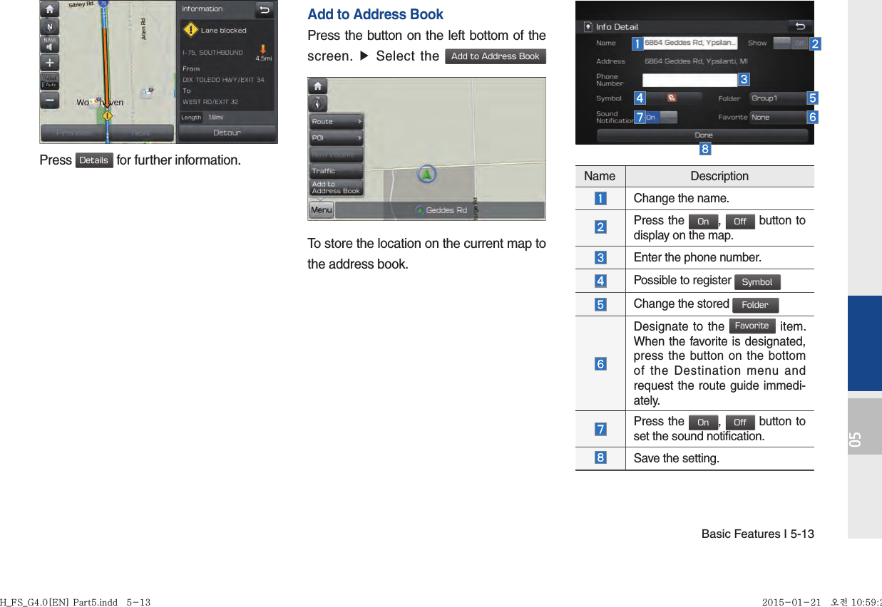 Basic Features I 5-1305Press Details for further information.Add to Address BookPress the button on the left bottom of the screen. ▶ Select the Add to Address Book To store the location on the current map to the address book.Name DescriptionChange the name.Press the On, Off button to display on the map.Enter the phone number.Possible to register Symbol Change the stored Folder Designate to the Favorite item. When the favorite is designated, press the button on the bottom of the Destination menu and request the route guide immedi-ately.Press the On, Off button to set the sound notification.Save the setting.H_FS_G4.0[EN] Part5.indd   5-13H_FS_G4.0[EN] Part5.indd   5-13 2015-01-21   오전 10:59:262015-01-21   오전 10:59:2