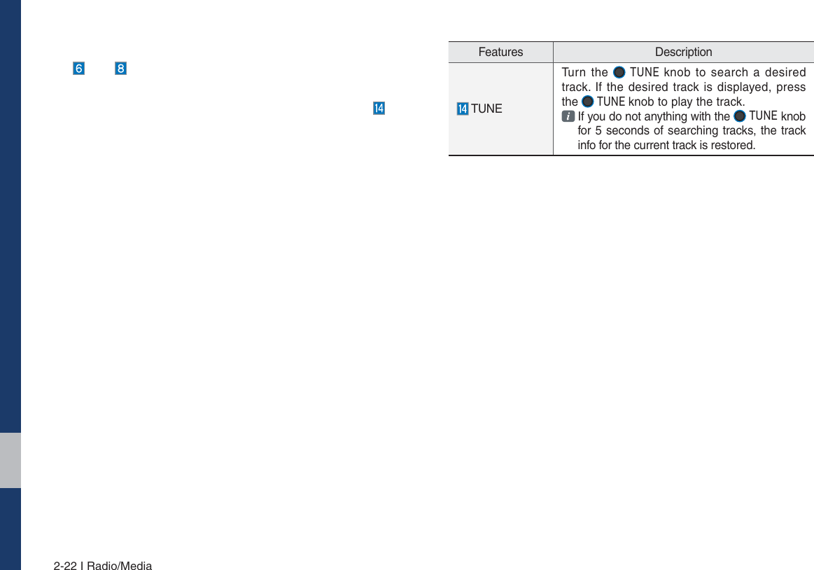 2-22 I Radio/MediaFeatures Description TUNETurn the   781( knob to search a desired track. If the desired track is displayed, press the   781( knob to play the track.   If you do not anything with the   781( knob for 5 seconds of searching tracks, the track info for the current track is restored.
