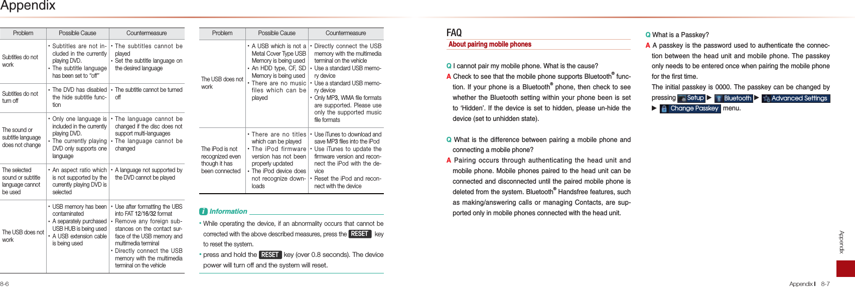 8-6Appendix Appendix l8-7LLAJ@ETProblem Possible Cause  Countermeasure Subtitles do not work • Subtitles are not in-cluded in the currently playing DVD. • The subtitle language has been set to “off”• The subtitles cannot be played • Set the subtitle language on the desired language Subtitles do not turn off • The DVD has disabled the hide subtitle func-tion • The subtitle cannot be turned off The sound or subtitle language does not change • Only one language is included in the currently playing DVD. • The currently playing DVD only supports one language• The language cannot be changed if the disc does not support multi-languages • The language cannot be changed The selected sound or subtitle language cannot be used • An aspect ratio which is not supported by the currently playing DVD is selected• A language not supported by the DVD cannot be played The USB does not work • USB memory has been contaminated  • A separately purchased USB HUB is being used • A USB extension cable is being used• Use after formatting the UBS into FAT // format • Remove any foreign sub-stances on the contact sur-face of the USB memory and multimedia terminal• Directly connect the USB memory with the multimedia terminal on the vehicleProblem Possible Cause  Countermeasure The USB does not work • A USB which is not a Metal Cover Type USB Memory is being used • An HDD type, CF, SD Memory is being used • There are no music files which can be played • Directly connect the USB memory with the multimedia terminal on the vehicle • Use a standard USB memo-ry device• Use a standard USB memo-ry device • Only MP, WMA ﬁle formats are supported. Please use only the supported music ﬁle formats The iPod is not recognized even though it has been connected • There are no titles which can be played• The iPod firmware version has not been properly updated • The iPod device does not recognize down-loads • Use iTunes to download and save MP ﬁles into the iPod• Use iTunes to update the ﬁrmware version and recon-nect the iPod with the de-vice  • Reset the iPod and recon-nect with the device FAQ&gt;KQPL=ENEJCIK&gt;EHALDKJAO.&amp;?=JJKPL=ENIUIK&gt;EHALDKJA4D=PEOPDA?=QOA DA?GPKOAAPD=PPDAIK&gt;EHALDKJAOQLLKNPOHQAPKKPDĻBQJ?PEKJ&amp;BUKQNLDKJAEO=HQAPKKPDĻLDKJA PDAJ?DA?GPK OAASDAPDANPDAHQAPKKPDOAPPEJCSEPDEJUKQNLDKJA&gt;AAJEOOAPPKō%E@@AJ&amp;BPDA@ARE?AEOOAPPKDE@@AJLHA=OAQJDE@APDA@ARE?AĭOAPPKQJDE@@AJOP=PA.4D=PEOPDA@EBBANAJ?A&gt;APSAAJL=ENEJC=IK&gt;EHALDKJA=J@?KJJA?PEJC=IK&gt;EHALDKJA-=ENEJCK??QNOPDNKQCD=QPDAJPE?=PEJCPDADA=@QJEP=J@IK&gt;EHALDKJA*K&gt;EHALDKJAOL=ENA@PKPDADA=@ QJEP?=J&gt;A?KJJA?PA@=J@@EO?KJJA?PA@ QJPEHPDAL=ENA@ IK&gt;EHALDKJAEO@AHAPA@BNKIPDAOUOPAIHQAPKKPDĻ%=J@OBNAABA=PQNAOOQ?D=OI=GEJC=JOSANEJC?=HHOKNI=J=CEJC  KJP=?PO=NAOQLLKNPA@KJHUEJIK&gt;EHALDKJAO?KJJA?PA@SEPDPDADA=@QJEP.4D=PEO=-=OOGAUL=OOGAU EOPDAL=OOSKN@ QOA@PK=QPDAJPE?=PA PDA?KJJA?PEKJ&gt;APSAAJPDADA=@QJEP=J@IK&gt;EHALDKJA1DAL=OOGAUKJHUJAA@OPK&gt;AAJPANA@KJ?ASDAJL=ENEJCPDAIK&gt;EHALDKJABKNPDABENOPPEIA 1DAEJEPE=HL=OOGAU EO1DAL=OOGAU ?=J&gt;A?D=JCA@&gt;ULNAOOEJC6HWXS▶%OXHWRRWK▶$GYDQFHG6HWWLQJV▶&amp;KDQJH3DVVNH\ IAJQL&amp;JBKNI=PEKJ• While operating the device, if an abnormality occurs that cannot be corrected with the above described measures, press the  5(6(7   key to reset the system. • press and hold the 5(6(7 key (over 0.8 seconds). The device power will turn off and the system will reset. 