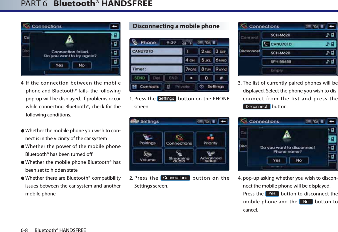 PART 6   Bluetooth® HANDSFREE6-8 Bluetooth® HANDSFREE4. If the connection between the mobile phone and Bluetooth® fails, the following pop-up will be displayed. If problems occur while connecting Bluetooth®, check for the following conditions.● Whether the mobile phone you wish to con-nect is in the vicinity of the car system● Whether the power of the mobile phone Bluetooth® has been turned off● Whether the mobile phone Bluetooth® has been set to hidden state● Whether there are Bluetooth® compatibility issues between the car system and another mobile phoneDisconnecting a mobile phone1. Press the 6HWWLQJV button on the PHONE screen. 2. Press the &amp;RQQHFWLRQV button on the Settings screen. 3. The list of currently paired phones will be displayed. Select the phone you wish to dis-connect from the list and press the &apos;LVFRQQHFW button.4. pop-up asking whether you wish to discon-nect the mobile phone will be displayed.  Press  the &lt;HV button to disconnect the mobile phone and the 1R button to cancel.