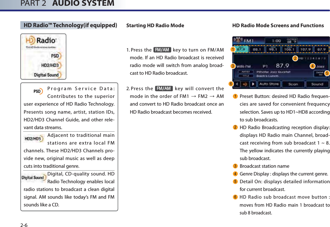PART 2   AUDIO SYSTEM2-6HD Radio™ Technology(if equipped) Program Service Data: Contributes to the superior user experience of HD Radio Technology. Presents song name, artist, station IDs, HD2/HD3 Channel Guide, and other rele-vant data streams.Adjacent to traditional main stations are extra local FM channels. These HD2/HD3 Channels pro-vide new, original music as well as deep cuts into traditional genre.Digital, CD-quality sound. HD Radio Technology enables local radio stations to broadcast a clean digital signal. AM sounds like today’s FM and FM sounds like a CD.Starting HD Radio Mode1.  Press  the )0$0 key to turn on FM/AM mode. If an HD Radio broadcast is received  radio mode will switch from analog broad-cast to HD Radio broadcast.2.  Press  the )0$0 key will convert the mode in the order of FM1ĺFM2ĺAMand convert to HD Radio broadcast once an HD Radio broadcast becomes received.HD Radio Mode Screens and Functions Preset Button: desired HD Radio frequen-cies are saved for convenient frequency selection. Saves up to HD1~HD8 according to sub broadcasts. HD Radio Broadcasting reception display: displays HD Radio main Channel, broad-cast receiving from sub broadcast 1 ~ 8. The yellow indicates the currently playing sub broadcast. Broadcast station name  Genre Display : displays the current genre. Detail On: displays detailed information for current broadcast. HD Radio sub broadcast move button : moves from HD Radio main 1 broadcast to sub 8 broadcast. 
