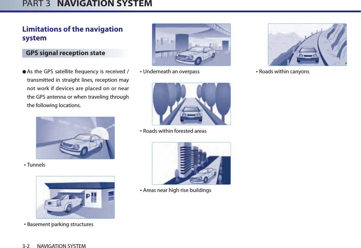PART 3   NAVIGATION SYSTEM3-2 NAVIGATION SYSTEMLimitations of the navigation systemGPS signal reception state●  As the GPS satellite frequency is received /transmitted in straight lines, reception may not work if devices are placed on or near the GPS antenna or when traveling through the following locations. •Tunnels •Basement parking structures •Underneath an overpass •Roads within forested areas•Areas near high rise buildings •Roads within canyons