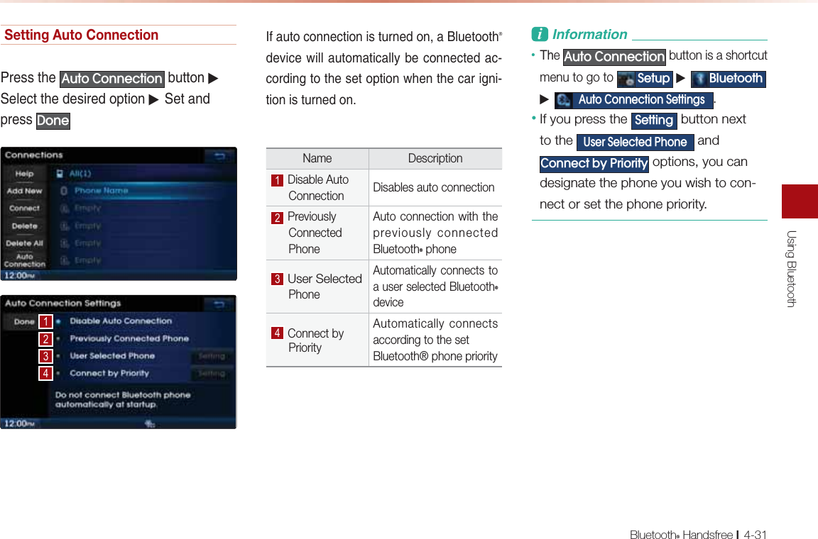 Using BluetoothBluetooth® Handsfree l4-31Setting Auto Connection-NAOOPDA $XWR&amp;RQQHFWLRQ &gt;QPPKJ▶0AHA?PPDA@AOENA@KLPEKJ▶0AP=J@LNAOO&apos;RQH&amp;B=QPK?KJJA?PEKJEOPQNJA@KJ=HQAPKKPDĻ@ARE?ASEHH=QPKI=PE?=HHU&gt;A?KJJA?PA@=??KN@EJCPKPDAOAPKLPEKJSDAJPDA?=NECJEPEKJEOPQNJA@KJName Description  Disable  Auto              Connection Disables auto connection Previously       Connected      PhoneAuto connection with the previously connected Bluetooth® phone User Selected             PhoneAutomatically connects to a user selected Bluetooth® device Connect by       PriorityAutomatically connects according to the set Bluetooth® phone priorityL&amp;JBKNI=PEKJ1De $XWR&amp;RQQHFWLRQ button is a shortcut menu to go to 6HWXS ▶ %OXHWRRWK ▶ $XWR&amp;RQQHFWLRQ6HWWLQJV.• If you press the 6HWWLQJ button next to the 8VHU6HOHFWHG3KRQH and &amp;RQQHFWE\3ULRULW\ options, you can designate the phone you wish to con-nect or set the phone priority.
