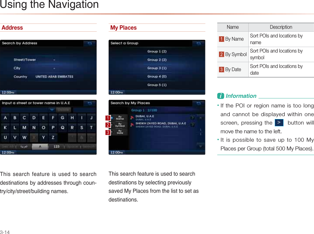 3-14Address1DEOOA=N?DBA=PQNAEOQOA@PKOA=N?D@AOPEJ=PEKJO&gt;U=@@NAOOAOPDNKQCD?KQJPNU?EPUOPNAAP&gt;QEH@EJCJ=IAOMy Places 1DEOOA=N?DBA=PQNAEOQOA@PKOA=N?D@AOPEJ=PEKJO&gt;UOAHA?PEJCLNAREKQOHUO=RA@*U-H=?AOBNKIPDAHEOPPKOAP=O@AOPEJ=PEKJOName Description By Name Sort POIs and locations by name By Symbol Sort POIs and locations by symbol By Date Sort POIs and locations by dateL&amp;JBKNI=PEKJ•  If the POI or region name is too long and cannot be displayed within one screen, pressing the !  button will move the name to the left.•  It is possible to save up to 100 My Places per Group (total 500 My Places).2OEJCPDA+=REC=PEKJ