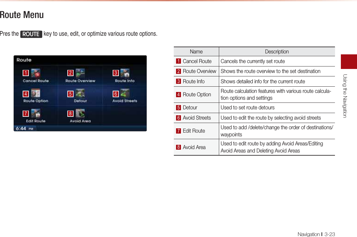 Using the NavigationNavigation l3-23Route Menu -NAOPDA5287(GAUPKQOAA@EPKNKLPEIEVAR=NEKQONKQPAKLPEKJOName Description Cancel Route Cancels the currently set route Route Overview Shows the route overview to the set destination Route Info Shows detailed info for the current route Route Option Route calculation features with various route calcula-tion options and settings  Detour Used to set route detours Avoid Streets Used to edit the route by selecting avoid streets Edit Route Used to add /delete/change the order of destinations/waypoints Avoid Area Used to edit route by adding Avoid Areas/Editing Avoid Areas and Deleting Avoid Areas