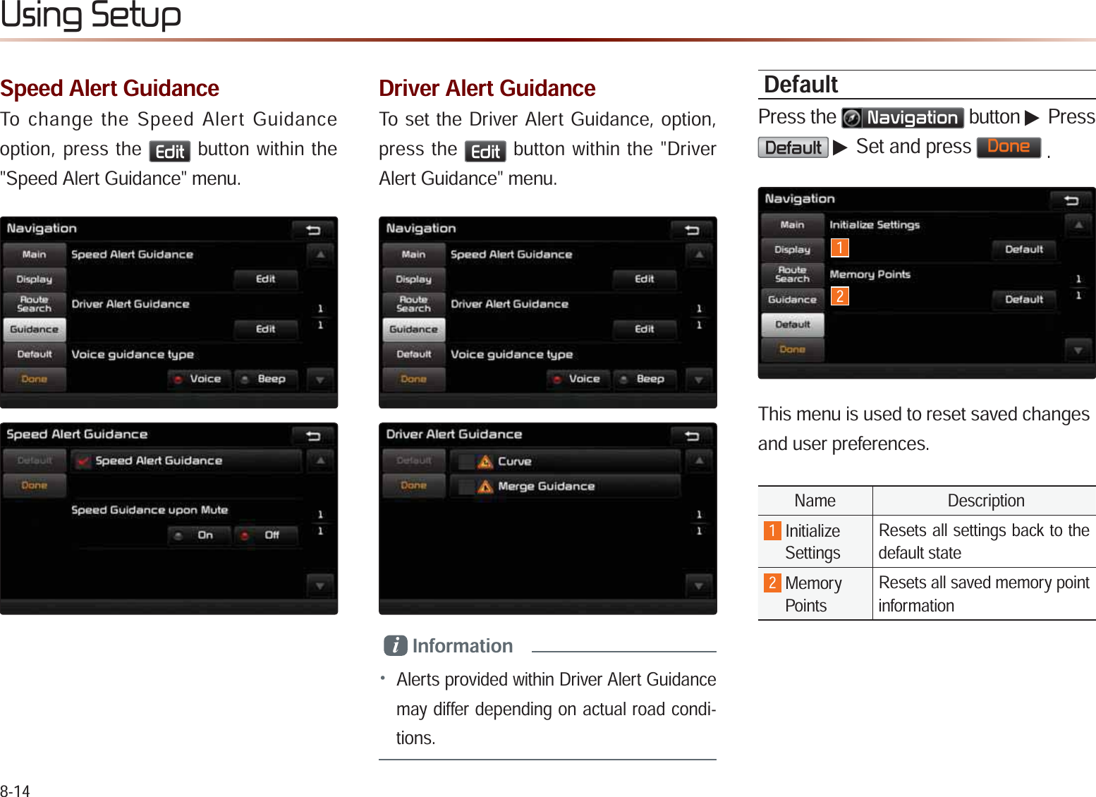 8-148VLQJ6HWXSSpeed Alert Guidance To change the Speed Alert Guidance option, press the (GLW button within the  &quot;Speed Alert Guidance&quot; menu.Driver Alert GuidanceTo set the Driver Alert Guidance, option, press the (GLW button within the &quot;Driver Alert Guidance&quot; menu.i Information • Alerts provided within Driver Alert Guidance may differ depending on actual road condi-tions.DefaultPress the 1DYLJDWLRQ button ▶ Press &apos;HIDXOW▶ Set and press &apos;RQH.This menu is used to reset saved changesand user preferences.Name  Description1 Initialize SettingsResets all settings back to the default state 2 MemoryPoints Resets all saved memory point information12