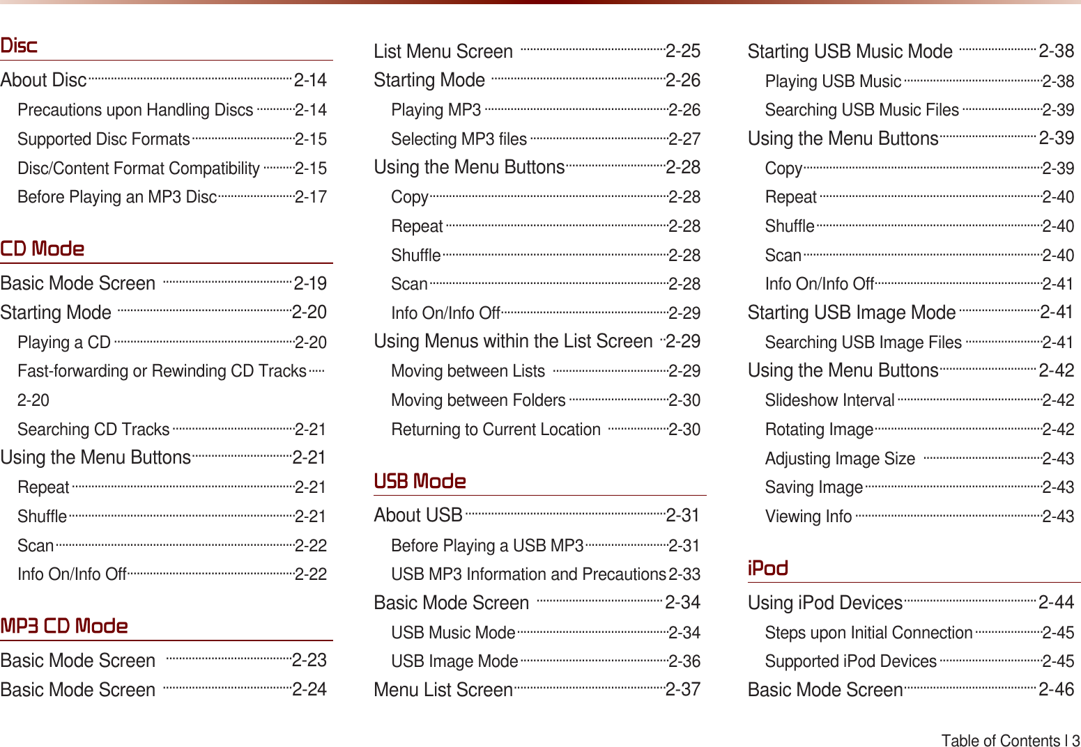 Table of Contents l 3 &apos;LVFAbout Disc ...............................................................2-14Precautions upon Handling Discs ............2-14Supported Disc Formats ................................2-15Disc/Content Format Compatibility ..........2-15Before Playing an MP3 Disc ........................2-17&amp;&apos;0RGHBasic Mode Screen  ........................................2-19Starting Mode  ......................................................2-20Playing a CD ........................................................2-20Fast-forwarding or Rewinding CD Tracks .....2-20Searching CD Tracks ......................................2-21Using the Menu Buttons...............................2-21Repeat .....................................................................2-21Shuffle ......................................................................2-21Scan ..........................................................................2-22Info On/Info Off....................................................2-2203&amp;&apos;0RGHBasic Mode Screen.......................................2-23Basic Mode Screen  ........................................2-24List Menu Screen  .............................................2-25Starting Mode  ......................................................2-26Playing MP3 .........................................................2-26Selecting MP3 files ...........................................2-27Using the Menu Buttons...............................2-28Copy ..........................................................................2-28Repeat .....................................................................2-28Shuffle ......................................................................2-28Scan ..........................................................................2-28Info On/Info Off....................................................2-29Using Menus within the List Screen  ..2-29Moving between Lists  ....................................2-29Moving between Folders ...............................2-30Returning to Current Location ...................2-3086%0RGHAbout USB ..............................................................2-31Before Playing a USB MP3 ..........................2-31USB MP3 Information and Precautions 2-33Basic Mode Screen  .......................................2-34USB Music Mode ...............................................2-34USB Image Mode ..............................................2-36Menu List Screen...............................................2-37Starting USB Music Mode  ........................2-38Playing USB Music ...........................................2-38Searching USB Music Files .........................2-39Using the Menu Buttons..............................2-39Copy ..........................................................................2-39Repeat .....................................................................2-40Shuffle ......................................................................2-40Scan ..........................................................................2-40Info On/Info Off....................................................2-41Starting USB Image Mode .........................2-41Searching USB Image Files ........................2-41Using the Menu Buttons..............................2-42Slideshow Interval .............................................2-42Rotating Image ....................................................2-42Adjusting Image Size  .....................................2-43Saving Image .......................................................2-43Viewing Info ..........................................................2-43L3RGUsing iPod Devices .........................................2-44Steps upon Initial Connection .....................2-45Supported iPod Devices ................................2-45Basic Mode Screen.........................................2-46