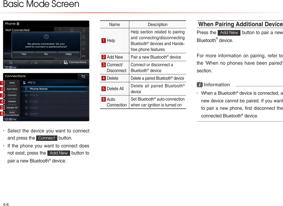 • Connect•  Add New   When Pairing Additional Device Add New i Information •Basic Mode Screen