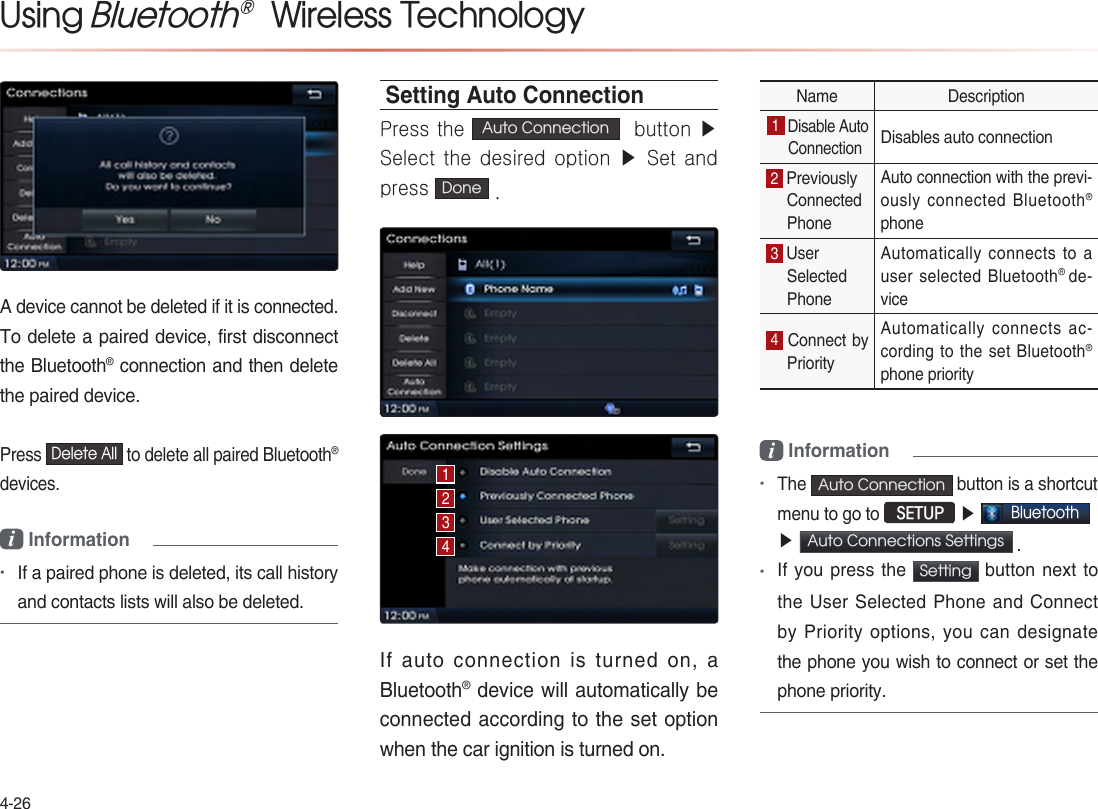 Using Bluetooth®  Wireless TechnologyDelete Alli Information•Setting Auto ConnectionPress the  Auto Connection   button ▶ Select the desired option ▶ Set and press  Done  .    i Information•Auto Connection SETUP▶Bluetooth▶Auto Connections Settings •  Setting 