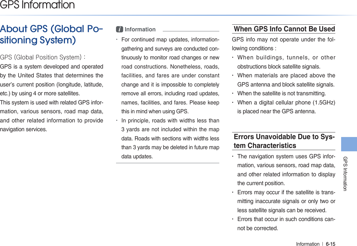 GPS InformationInformation  l 6-15 6-15 GPS InformationAbout GPS (Global Po-sitioning System)GPS (Global Position System) :GPS is a system developed and operated by the United States that determines the user’s current position (longitude, latitude, etc.) by using 4 or more satellites.This system is used with related GPS infor-mation, various sensors, road map data, and other related information to provide navigation services.i Information •For continued map updates, information-gathering and surveys are conducted con-tinuously to monitor road changes or new road constructions. Nonetheless, roads, facilities, and fares are under constant change and it is impossible to completely remove all errors, including road updates, names, facilities, and fares. Please keep this in mind when using GPS. •In principle, roads with widths less than 3 yards are not included within the map data. Roads with sections with widths less than 3 yards may be deleted in future map data updates.When GPS Info Cannot Be UsedGPS info may not operate under the fol-lowing conditions :• When buildings, tunnels, or other obstructions block satellite signals.• When materials are placed above the GPS antenna and block satellite signals.• When the satellite is not transmitting.• When a digital cellular phone (1.5GHz) is placed near the GPS antenna.Errors Unavoidable Due to Sys-tem Characteristics• The navigation system uses GPS infor-mation, various sensors, road map data, and other related information to display the current position. • Errors may occur if the satellite is trans-mitting inaccurate signals or only two or less satellite signals can be received. • Errors that occur in such conditions can-not be corrected.