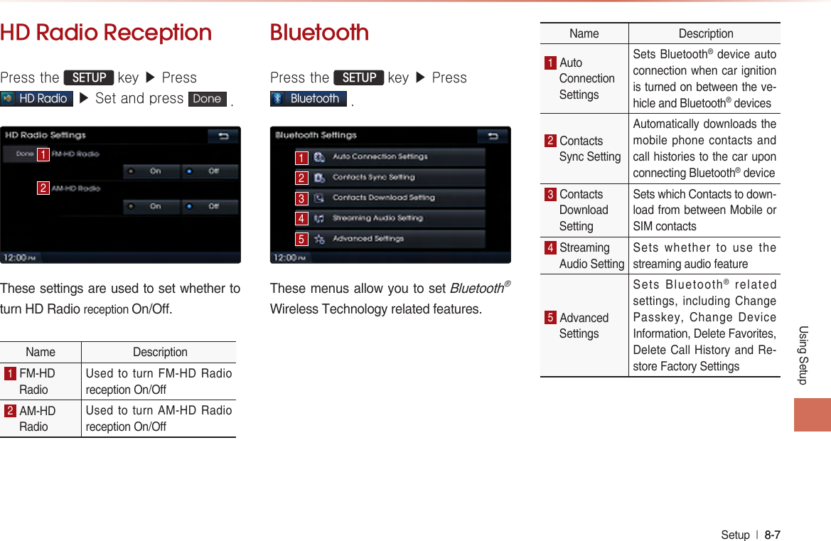 Using SetupSetup  l 8-7 8-7 HD Radio ReceptionPress the  SETUP key ▶ PressHD Radio ▶ Set and press  Done .These settings are used to set whether to turn HD Radio reception On/Off.Name  Description1 FM-HD RadioUsed to turn FM-HD Radio reception On/O 2 AM-HD Radio Used  to  turn AM-HD  Radio  reception On/O BluetoothPress the  SETUP key ▶ PressBluetooth .These menus allow you to set Bluetooth® Wireless Technology related features.Name  Description1 Auto Connection Settings Sets Bluetooth® device auto connection when car ignition is turned on between the ve-hicle and Bluetooth® devices 2 Contacts Sync Setting Automatically downloads the mobile phone contacts and call histories to the car upon connecting Bluetooth® device3 Contacts Download Setting Sets which Contacts to down-load from between Mobile or SIM contacts 4 Streaming Audio Setting Sets whether to use the streaming audio feature 5 Advanced Settings Sets Bluetooth® related settings, including Change Passkey, Change Device Information, Delete Favorites, Delete Call History and Re-store Factory Settings  1234521