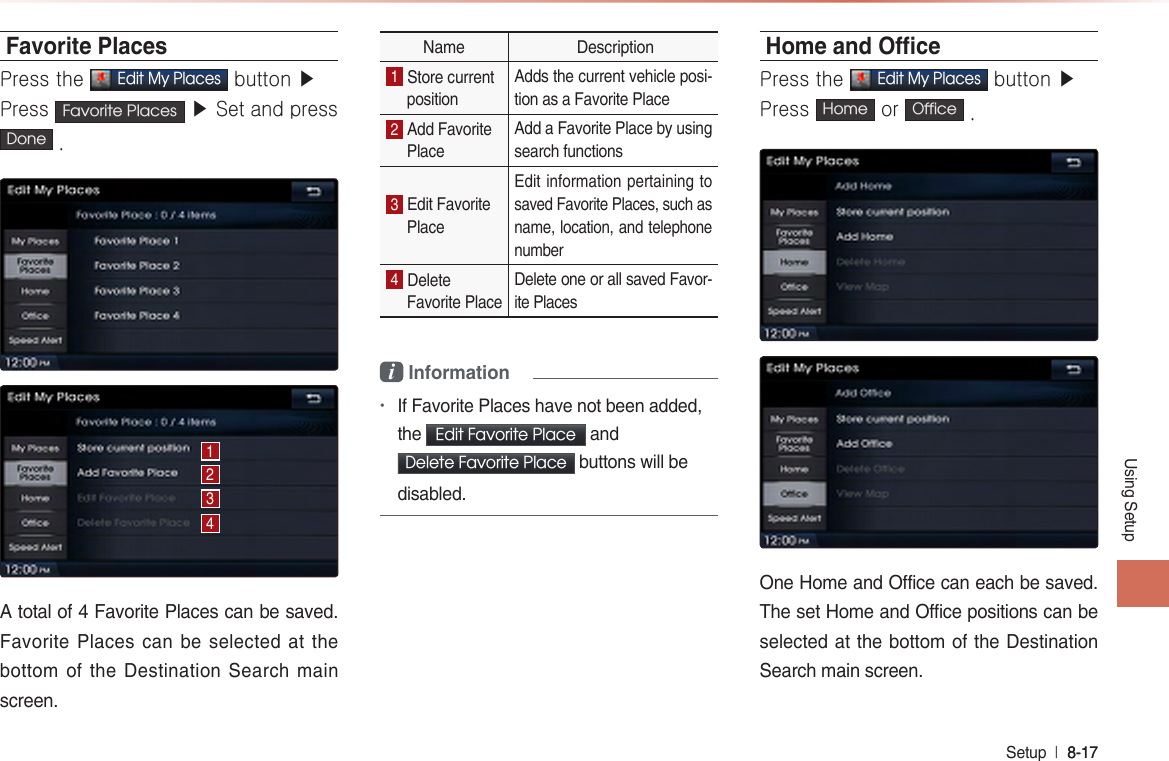 Using SetupSetup  l 8-17 8-17 Favorite PlacesPress the Edit My Places button ▶Press  Favorite Places  ▶ Set and press Done . A total of 4 Favorite Places can be saved. Favorite Places can be selected at the bottom of the Destination Search main screen.Name  Description1 Store current position  Adds the current vehicle posi-tion as a Favorite Place 2 Add FavoritePlace Add a Favorite Place by using search functions 3 Edit FavoritePlace Edit information pertaining to saved Favorite Places, such as name, location, and telephone number 4 Delete Favorite Place Delete one or all saved Favor-ite Places i Information •If Favorite Places have not been added, the Edit Favorite Place and Delete Favorite Place buttons will be disabled.  Home and OcePress the Edit My Places button ▶Press  Home  or Office .One Home and Office can each be saved. The set Home and Office positions can be selected at the bottom of the Destination Search main screen.1234