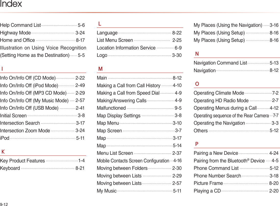 9-12IndexHelp Command List.............................5-6Highway Mode...................................3-24Home and Office................................8-17Illustration on Using Voice Recognition (Setting Home as the Destination)......5-5IInfo On/Info Off (CD Mode)...............2-22Info On/Info Off (iPod Mode).............2-49Info On/Info Off (MP3 CD Mode)......2-29Info On/Info Off (My Music Mode)....2-57Info On/Info Off (USB Mode).............2-41Initial Screen........................................3-8Intersection Search............................3-17Intersection Zoom Mode...................3-24iPod.....................................................5-11KKey Product Features..........................1-4Keyboard...........................................8-21LLanguage...........................................8-22List Menu Screen............................. 2-25Location Information Service..............6-9Logo...................................................3-30MMain....................................................8-12Making a Call from Call History.........4-10Making a Call from Speed Dial...........4-9Making/Answering Calls......................4-9Malfunctioned......................................9-5Map Display Settings..........................3-8Map Menu...........................................3-10Map Screen..........................................3-7Map.....................................................3-17Map.....................................................5-14Menu List Screen..............................2-37Mobile Contacts Screen Configuration...4-16Moving between Folders...................2-30Moving between Lists .......................2-29Moving between Lists........................2-57My Music.............................................5-11My Places (Using the Navigation).....3-16My Places (Using Setup)...................8-16My Places (Using Setup)...................8-16NNavigation Command List..................5-13Navigation...........................................8-12OOperating Climate Mode......................7-2Operating HD Radio Mode..................2-7Operating Menus during a Call..........4-12Operating sequence of the Rear Camera....7-7Operating the Navigation....................3-3Others.................................................5-12PPairing a New Device........................4-24Pairing from the Bluetooth® Device....4-5Phone Command List........................5-12Phone Number Search......................3-18Picture Frame....................................8-20Playing a CD......................................2-20