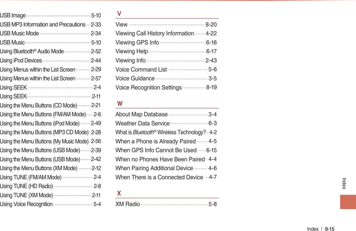 Index  l 9-15 9-15 IndexUSB Image........................................................5-10USB MP3 Information and Precautions....2-33USB Music Mode............................................2-34USB Music.........................................................5-10Using Bluetooth® Audio Mode.......................2-52Using iPod Devices..........................................2-44Using Menus within the List Screen............. 2-29Using Menus within the List Screen............. 2-57Using SEEK ......................................................... 2-4Using SEEK.........................................................2-11Using the Menu Buttons (CD Mode)............ 2-21Using the Menu Buttons (FM/AM Mode)...... 2-6Using the Menu Buttons (iPod Mode).........2-49Using the Menu Buttons (MP3 CD Mode). 2-28Using the Menu Buttons (My Music Mode).2-56Using the Menu Buttons (USB Mode).........2-39Using the Menu Buttons (USB Mode).........2-42Using the Menu Buttons (XM Mode)............2-12Using TUNE (FM/AM Mode)........................... 2-4Using TUNE (HD Radio)................................... 2-8Using TUNE (XM Mode)..................................2-11Using Voice Recognition................................... 5-4VView...................................................8-20Viewing Call History Information.......4-22Viewing GPS Info...............................6-16Viewing Help.......................................6-17Viewing Info.......................................2-43Voice Command List ..........................5-6Voice Guidance...................................3-5Voice Recognition Settings................8-19WAbout Map Database..........................3-4Weather Data Service.........................6-3What is Bluetooth® Wireless Technology?...4-2When a Phone is Already Paired.......4-5When GPS Info Cannot Be Used......6-15When no Phones Have Been Paired.4-4When Pairing Additional Device.........4-6When There is a Connected Device...4-7XXM Radio.............................................5-8