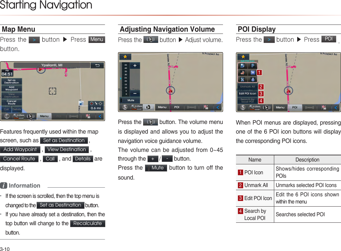 3-10Map MenuPress the &gt; button ▶ Press Menu button.Features frequently used within the mapscreen, such as  Set as Destination  , Add Waypoint  ,  View Destination  , Cancel Route  ,  Call  , and  Details  are displayed.i Information•If the screen is scrolled, then the top menu is changed to the Set as Destination button.•If you have already set a destination, then the top button will change to the Recalculate button. Adjusting Navigation VolumePress the   button ▶ Adjust volume.Press the  button. The volume menu is displayed and allows you to adjust the navigation voice guidance volume.The volume can be adjusted from 0~45 through the  + / - button. Press the   Mute  button to turn off the sound.POI DisplayPress the &gt; button ▶ Press POI .When POI menus are displayed, pressing one of the 6 POI icon buttons will display the corresponding POI icons.Name Description1 POI Icon Shows/hides corresponding POIs2 Unmark All  Unmarks selected POI Icons3 Edit POI Icon  Edit the 6 POI icons shown within the menu 4 Search by Local POI Searches selected POIStarting Navigation1234