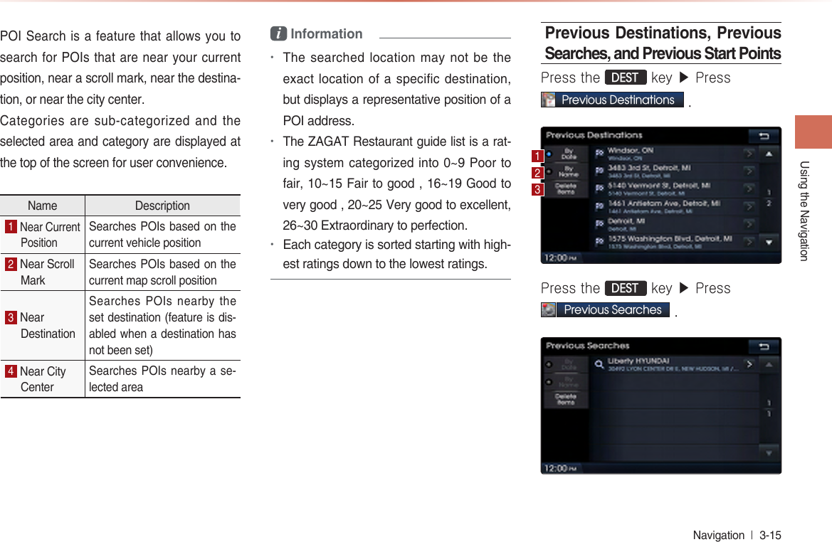 Using the NavigationNavigation  l 3-15 POI Search is a feature that allows you to search for POIs that are near your current position, near a scroll mark, near the destina-tion, or near the city center.Categories are sub-categorized and the selected area and category are displayed at the top of the screen for user convenience.Name Description1 Near Current PositionSearches POIs based on the current vehicle position2 Near Scroll MarkSearches POIs based on the current map scroll position3 Near DestinationSearches POIs nearby the set destination (feature is dis-abled when a destination has not been set)4 Near City CenterSearches POIs nearby a se-lected areai Information•The searched location may not be the exact location of a specific destination, but displays a representative position of a POI address. •The ZAGAT Restaurant guide list is a rat-ing system categorized into 0~9 Poor to fair, 10~15 Fair to good , 16~19 Good to very good , 20~25 Very good to excellent, 26~30 Extraordinary to perfection. •Each category is sorted starting with high-est ratings down to the lowest ratings.Previous Destinations, Previous Searches, and Previous Start Points Press the DEST key ▶ Press  Previous Destinations .Press the DEST key ▶ Press  Previous Searches .123