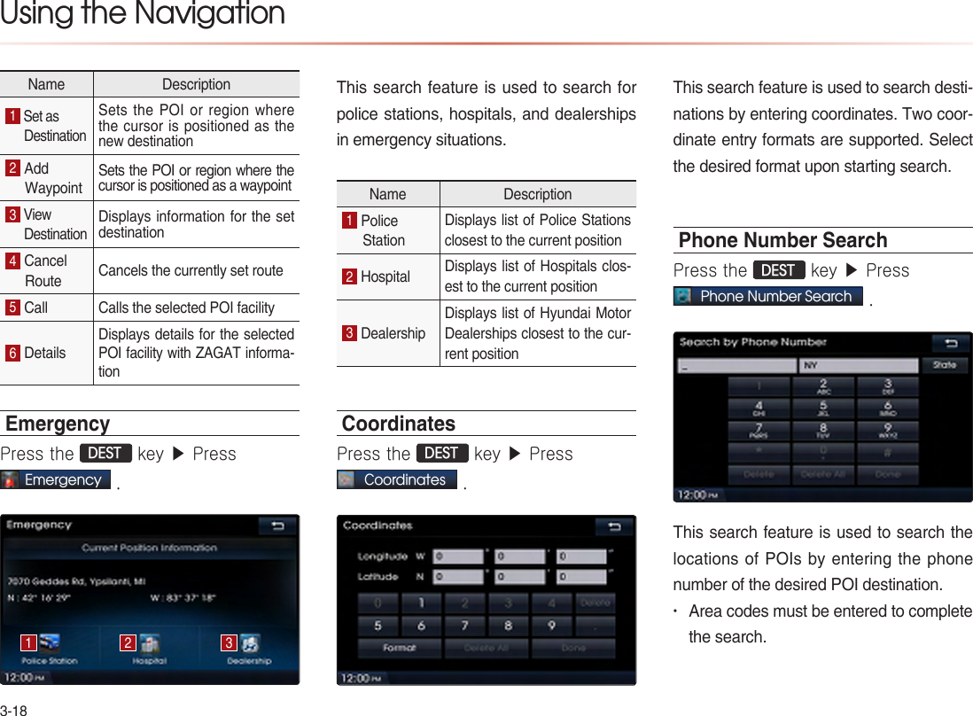 3-18Using the NavigationName Description1 Set as  Destination Sets the POI or region where the cursor is positioned as the new destination2 Add Waypoint Sets the POI or region where the cursor is positioned as a waypoint3 View       Destination Displays information for the set destination4 Cancel Route  Cancels the currently set route5 Call Calls the selected POI facility6 DetailsDisplays details for the selected POI facility with ZAGAT informa-tionEmergencyPress the DEST key ▶ Press Emergency .This search feature is used to search for police stations, hospitals, and dealerships in emergency situations.Name Description1 Police StationDisplays list of Police Stations closest to the current position2 Hospital Displays list of Hospitals clos-est to the current position3 DealershipDisplays list of Hyundai Motor Dealerships closest to the cur-rent positionCoordinatesPress the DEST key ▶ Press Coordinates .This search feature is used to search desti-nations by entering coordinates. Two coor-dinate entry formats are supported. Select the desired format upon starting search.Phone Number SearchPress the DEST key ▶ Press Phone Number Search .This search feature is used to search the locations of POIs by entering the phone number of the desired POI destination. • Area codes must be entered to complete the search.1 2 3