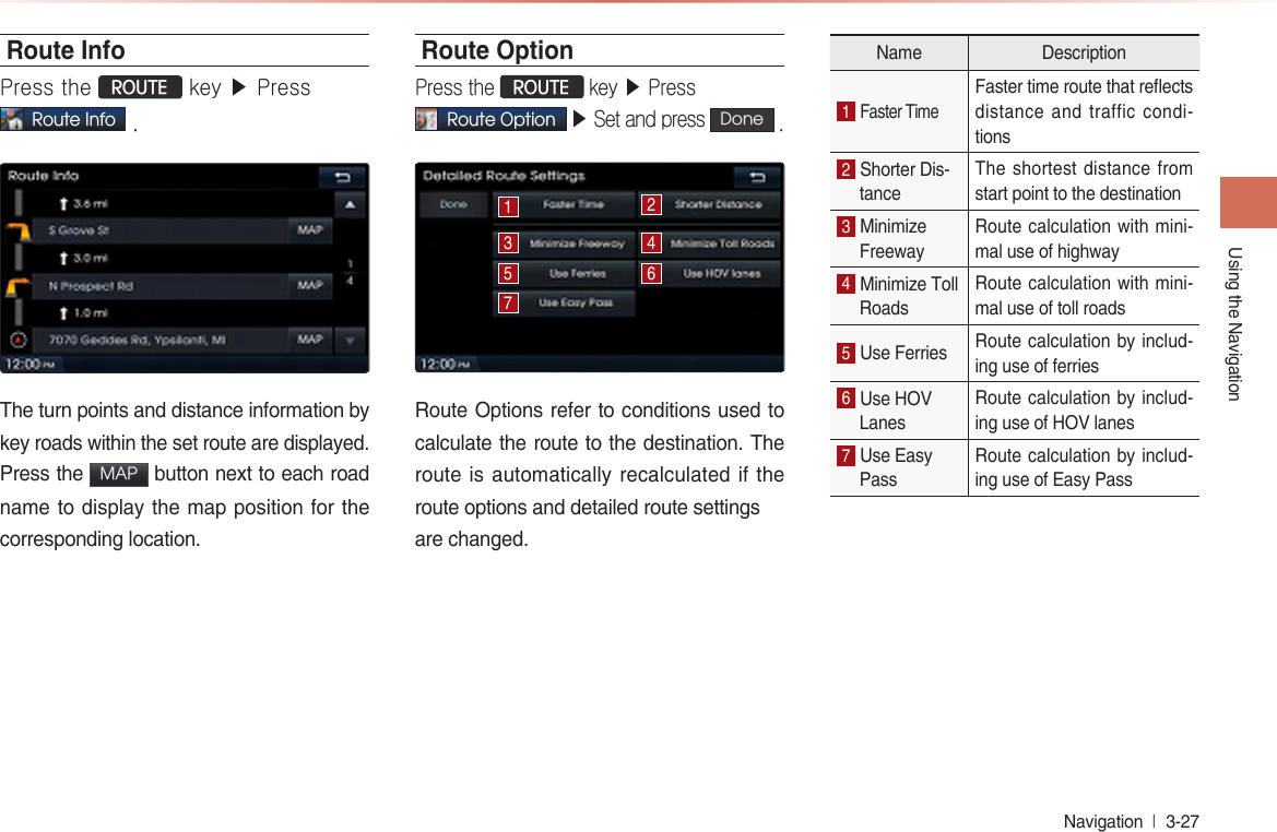 Using the NavigationNavigation  l 3-27 Route InfoPress the ROUTE key ▶ Press Route Info .The turn points and distance information by key roads within the set route are displayed. Press the  MAP  button next to each road name to display the map position for the corresponding location.Route OptionPress the ROUTE key ▶ Press Route Option ▶ Set and press Done .1352476Route Options refer to conditions used to calculate the route to the destination. The route is automatically recalculated  if the route options and detailed route settingsare changed.Name Description1 Faster TimeFaster time route that reects distance and traffic condi-tions2 Shorter Dis-tanceThe shortest distance from start point to the destination3 Minimize FreewayRoute calculation with mini-mal use of highway4 Minimize Toll RoadsRoute calculation with mini-mal use of toll roads5 Use Ferries Route calculation by includ-ing use of ferries6 Use HOV LanesRoute calculation by includ-ing use of HOV lanes7 Use Easy PassRoute calculation by includ-ing use of Easy Pass