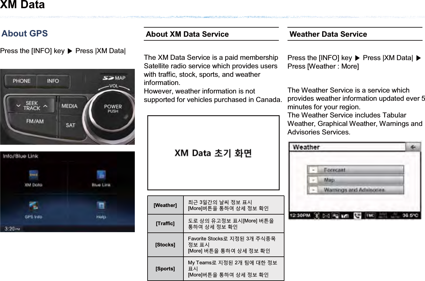 XM DataAbout GPSPress the [INFO] key ೛Press |XM Data| About XM Data ServiceThe XM Data Service is a paid membershipSatellite radio service which provides users with traffic, stock, sports, and weather information.However, weather information is not supported for vehicles purchased in Canada.[Weather] ফ̒ 3ࢊɾࢂΤ޽ࢽؿ૲ݤ[More]؟ટࡶ ੼ଜࠆ ۘۿ ࢽؿ ୙ࢉ[Traffic] ѦԻ ۘࢂ ࡪˈࢽؿ ૲ݤ[More] ؟ટࡶ੼ଜࠆ ۘۿ ࢽؿ ୙ࢉ[Stocks]Favorite StocksԻ एࢽѹ 3ʎ ࣯ݥּࣗࢽؿ ૲ݤ[More] ؟ટࡶ ੼ଜࠆ ۘۿ ࢽؿ ୙ࢉ[Sports]My TeamsԻ एࢽѹ 2ʎય߾оଞࢽؿ૲ݤ[More]؟ટࡶ ੼ଜࠆ ۘۿ ࢽؿ ୙ࢉWeather Data ServiceThe Weather Service is a service which provides weather information updated ever 5 minutes for your region.The Weather Service includes Tabular Weather, Graphical Weather, Warnings and Advisories Services. Press the [INFO] key ೛Press |XM Data| ೛Press [Weather : More] 
