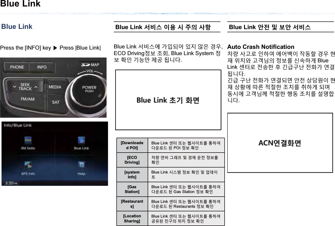 Blue LinkPress the [INFO] key ೛Press |Blue Link| Blue Link ۭٵݘ ࢄࡅ ݡ ࣬ࡿ ۉଡBlue Link ۰ٸݛ߾ ɼ࢏Ѹ߭ ࢑ए ߉ࡵ ˁࡉ, ECO Drivingࢽؿ ࣏ୣ, Blue Link System ࢽؿ ୙ࢉ ̛Мփ ࢿ˓ ѼТЬ.[Downloaded POI]Blue Link ܁ਫ਼ ӖЕ ࡠیࢇઝձ ੼ଜࠆЬࡋԻҖ ѹ POI ࢽؿ ୙ࢉ[ECO Driving]८ԛ ࠉٸ ̐Ԏ଎ ؀ ˁࢿ ࡋࢷ ࢽؿձ୙ࢉ[systemInfo]Blue Link ݤݛ੬ ࢽؿ ୙ࢉ ؀ ߶іࢇઝ[Gas Station]Blue Link ܁ਫ਼ ӖЕ ࡠیࢇઝձ ੼ଜࠆЬࡋԻҖ ѹ Gas Station ࢽؿ ୙ࢉ[Restaurants]Blue Link ܁ਫ਼ ӖЕ ࡠیࢇઝձ ੼ଜࠆЬࡋԻҖ ѹ Restaurants ࢽؿ ୙ࢉ[Location Sharing]Blue Link ܁ਫ਼ ӖЕ ࡠیࢇઝձ ੼ଜࠆ˓ࡪѹ ৖˱ࢂ ࡢ৔ ࢽؿ ୙ࢉBlue Link ߄ࢴ ׽ ؼ߄ ۭٵݘAuto Crash Notification८ԛ یˈԻ ࢉଜࠆ ߾߭ؒࢇ ࢖Ѱଟ ˁࡉ ୃࢢ ࡢ৔ࠪ ˈʏЧࢂ ࢽؿձ ݦܖଜʯ Blue Link ܁ਫ਼Ի ࢷܞଞ ୯ ̝̗˱΢ ࢷ୘ɼ ࠉʼѼТЬ.̝̗ ˱΢ ࢷ୘ɼ ࠉʼѸִ ߇ࢷ ۘжࡕࢇ ୃࢢ ۘଢ଼߾ Ҭհ ࢶࢸଞ ࣏৔ձ ীଜʯ ѸֲѰݤ߾ ˈʏЧ͉ ࢶࢸଞ ଭѰ ࣏৔ձ ۶ָଢТЬ.Blue Link