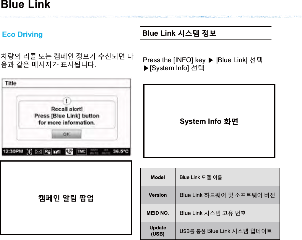 Eco Driving८ԛࢂ չਐ ӖЕ ৪૓ࢉ ࢽؿɼ ܹݦѸִ Ьࡸ˕ ʋࡵ ֩ݤएɼ ૲ݤѼТЬ.১ૐࢆ ߇պ ષ߳Blue Link ݡݘ੩ ࢺؼPress the [INFO] key ೛|Blue Link| ۴੔೛[System Info] ۴੔System Info ୕ֱModel Blue Link ֻљ ࢇղVersion Blue Link ଜҖ࡛߭ ؀ ܕ଎ઝ࡛߭ ؟ࢷMEID NO. Blue Link ݤݛ੬ ˈࡪ ء୎Update(USB) USBձ੼ଞBlue Link ݤݛ੬ ߶іࢇઝBlue Link