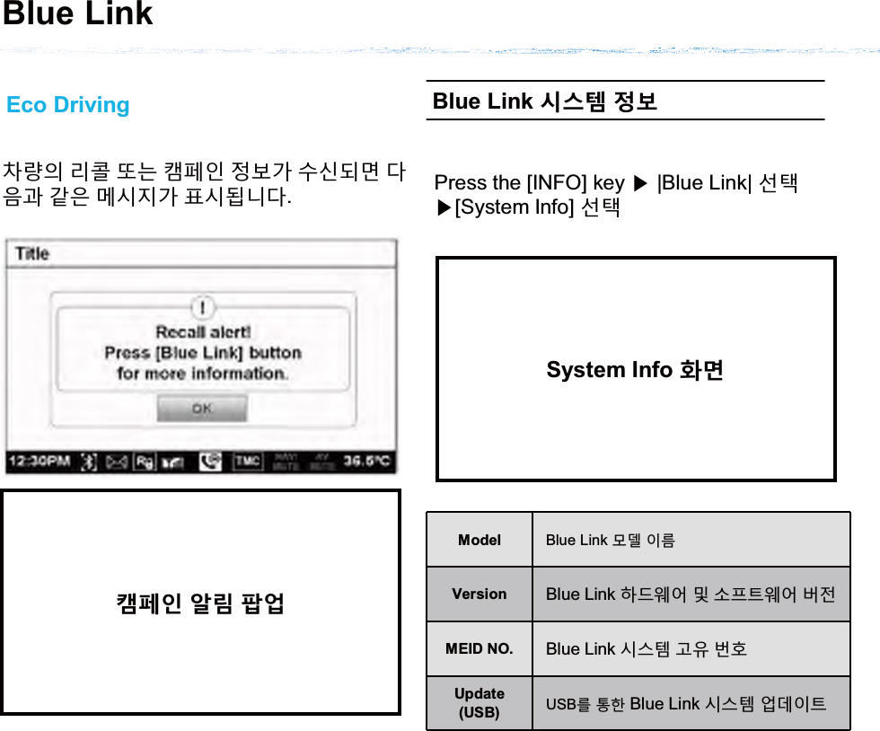 Eco Driving८ԛࢂ չਐ ӖЕ ৪૓ࢉ ࢽؿɼ ܹݦѸִ Ьࡸ˕ ʋࡵ ֩ݤएɼ ૲ݤѼТЬ.১ૐࢆ ߇պ ષ߳Blue Link ݡݘ੩ ࢺؼPress the [INFO] key ೛|Blue Link| ۴੔೛[System Info] ۴੔System Info ୕ֱModel Blue Link ֻљ ࢇղVersion Blue Link ଜҖ࡛߭ ؀ ܕ଎ઝ࡛߭ ؟ࢷMEID NO. Blue Link ݤݛ੬ ˈࡪ ء୎Update(USB) USBձ੼ଞBlue Link ݤݛ੬ ߶іࢇઝBlue Link