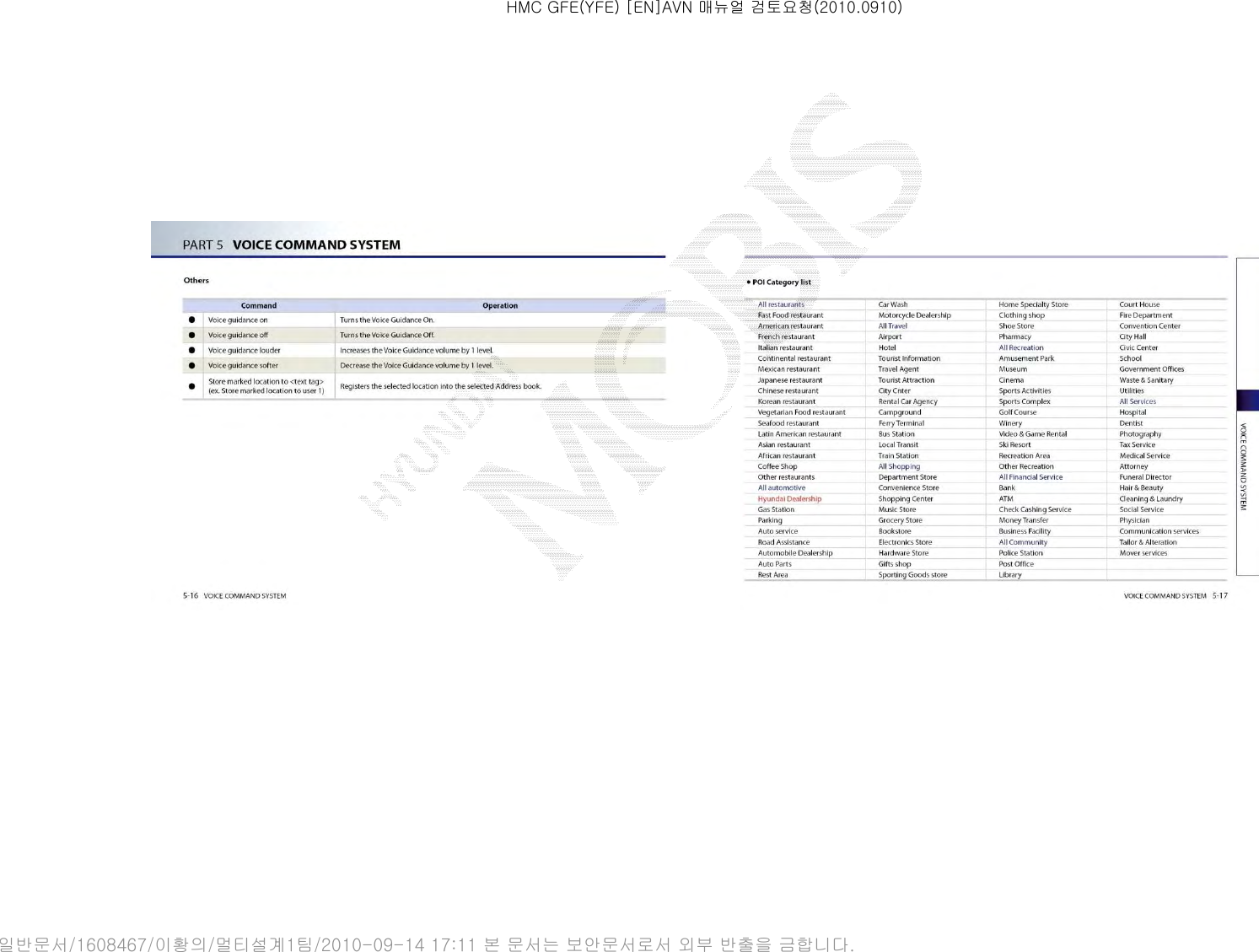 HMC GFE(YFE) [EN]AVN 매뉴얼 검토요청(2010.0910)일반문서/1608467/이황의/멀티설계1팀/2010-09-14 17:11 본 문서는 보안문서로서 외부 반출을 금합니다.