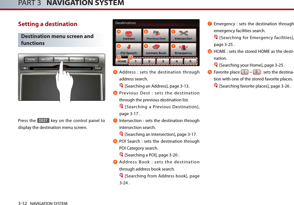3-12 NAVIGATION SYSTEMPART 3   NAVIGATION SYSTEMSetting a destination Destination menu screen and functionsPress the DEST key on the control panel to display the destination menu screen. aAddress  :  sets the destination through address search. [Searching an Address], page 3-13.bPrevious Dest : sets the destination through the previous destination list. [Searching  a Previous  Destination], page 3-17 .cIntersection : sets the destination through intersection search. [Searching an Intersection], page 3-17.dPOI Search : sets the destination through POI Category search. [Searching a POI], page 3-20 .eAddress Book : sets the destination through address book search. [Searching from Address book], page 3-24 .fEmergency : sets the destination through emergency facilities search. [Searching for Emergency facilities], page 3-25 .gHOME : sets the stored HOME as the desti-nation. [Searching your Home], page 3-25 .h Favorite place 1 ~ 5 : sets the destina-tion with one of the stored favorite places. [Searching favorite places], page 3-26 .adghbecf