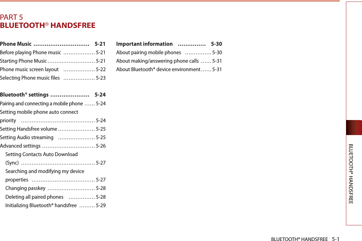 BLUETOOTH® HANDSFREE 5-1BLUETOOTH® HANDSFREEPART 5BLUETOOTH® HANDSFREEPhone Music  ………………………… 5-21Before playing Phone music  ……………… 5-21Starting Phone Music ……………………… 5-21Phone music screen layout  ……………… 5-22Selecting Phone music files  ……………… 5-23Bluetooth® settings ………………… 5-24Pairing and connecting a mobile phone …… 5-24Setting mobile phone auto connect priority  …………………………………… 5-24Setting Handsfree volume ………………… 5-25Setting Audio streaming  ………………… 5-25Advanced settings ………………………… 5-26Setting Contacts Auto Download  (Sync)  …………………………………… 5-27Searching and modifying my device properties  ……………………………… 5-27Changing passkey  ……………………… 5-28Deleting all paired phones  …………… 5-28Initializing Bluetooth® handsfree  ……… 5-29Important information   …………… 5-30About pairing mobile phones  …………… 5-30About making/answering phone calls  …… 5-31About Bluetooth® device environment …… 5-31
