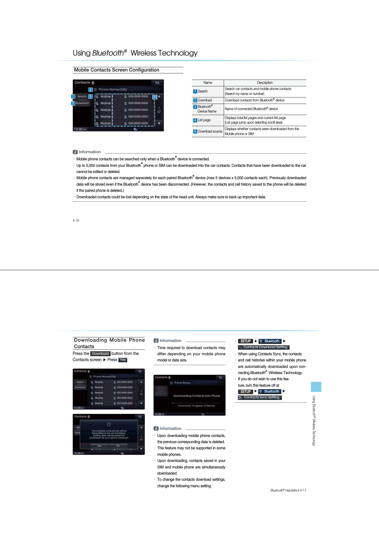 4-168VLQJ%OXHWRRWKq:LUHOHVV7HFKQRORJ\Mobile Contacts Screen ConfigurationName Description1 Search  Search car contacts and mobile phone contacts(Search by name or number) 2 Download  Download contacts from Bluetooth® device 3 Bluetooth® Device Name  Name of connected Bluetooth® device 4 List page  Displays total list pages and current list page (List page jump upon selecting scroll area) 5 Download source  Displays whether contacts were downloaded from the Mobile phone or SIM  i Information  УMobile phone contacts can be searched only when a Bluetooth® device is connected.УUp to 5,000 contacts from your Bluetooth® phone or SIM can be downloaded into the car contacts. Contacts that have been downloaded to the car cannot be edited or deleted. УMobile phone contacts are managed separately for each paired Bluetooth® device (max 5 devices x 5,000 contacts each). Previously downloaded data will be stored even if the Bluetooth® device has been disconnected. (However, the contacts and call history saved to the phone will be deleted if the paired phone is deleted.) УDownloaded contacts could be lost depending on the state of the head unit. Always make sure to back up important data.13524Using Bluetooth® Wireless TechnologyBluetooth® Handsfre l 4-17 Downloading Mobile Phone ContactsPress the &apos;RZQORDG button from theContacts screen ƙ Press &lt;HV i InformationУTime required to download contacts may differ depending on your mobile phone model or data size.i InformationУUpon downloading mobile phone contacts, the previous corresponding data is deleted.УThis feature may not be supported in some mobile phones. УUpon downloading, contacts saved in your SIM and mobile phone are simultaneously downloaded.УTo change the contacts download settings, change the following menu setting.У6(783 ƙ %OXHWRRWK ƙ &amp;RQWDFWV&apos;RZQORDG6HWWLQJУWhen using Contacts Sync, the contactsУand call histories within your mobile phone are automatically downloaded upon con-necting Bluetooth®  Wireless Technology.УIf you do not wish to use this fea-ture, turn this feature off at 6(783 ƙ %OXHWRRWK ƙ&amp;RQWDFWV6\QF6HWWLQJ