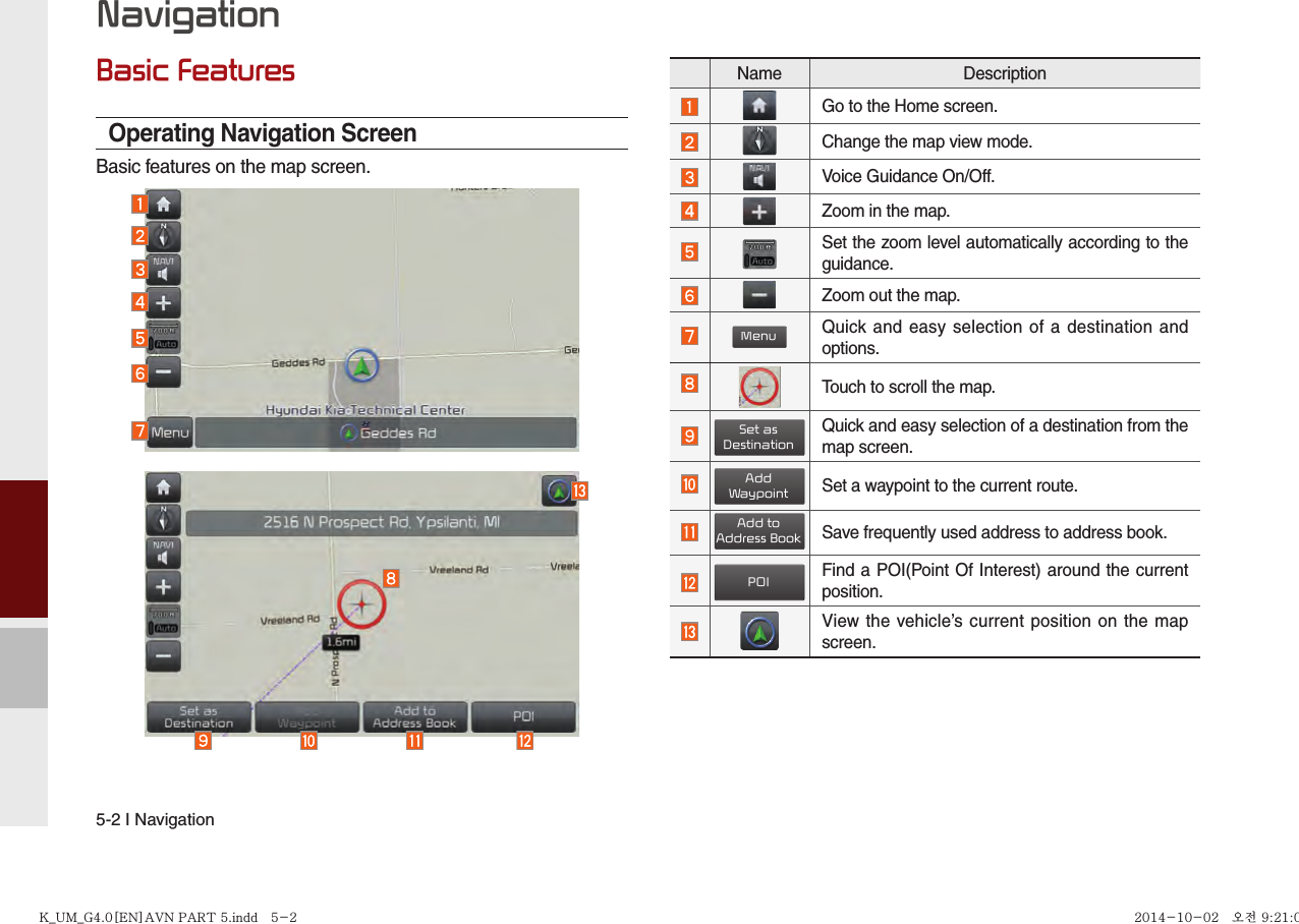 5-2 I NavigationNavigationBasic FeaturesOperating Navigation ScreenBasic features on the map screen. Name DescriptionGo to the Home screen.Change the map view mode. Voice Guidance On/Off.Zoom in the map.Set the zoom level automatically according to the guidance.Zoom out the map.MenuQuick and easy selection of a destination and options.Touch to scroll the map.Set asDestinationQuick and easy selection of a destination from the map screen.AddWaypointSet a waypoint to the current route.Add toAddress BookSave frequently used address to address book.POIFind a POI(Point Of Interest) around the current position.View the vehicle’s current position on the map screen.K_UM_G4.0[EN]AVN PART 5.indd   5-2K_UM_G4.0[EN]AVN PART 5.indd   5-2 2014-10-02   오전 9:21:062014-10-02   오전 9:21:0