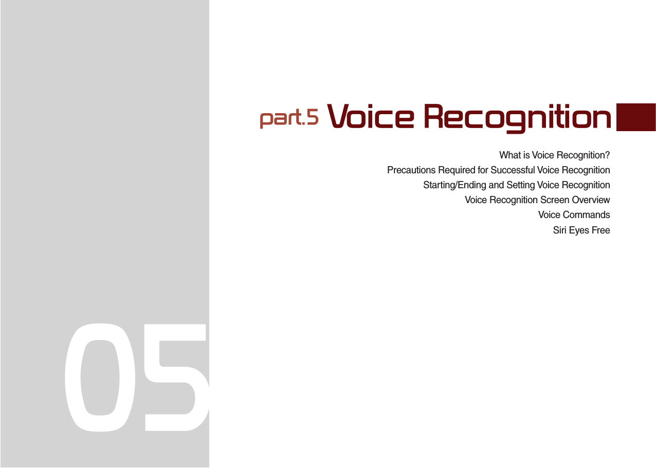 What is Voice Recognition?Precautions Required for Successful Voice RecognitionStarting/Ending and Setting Voice Recognition  Voice Recognition Screen OverviewVoice CommandsSiri Eyes Free part.5 Voice Recognition05
