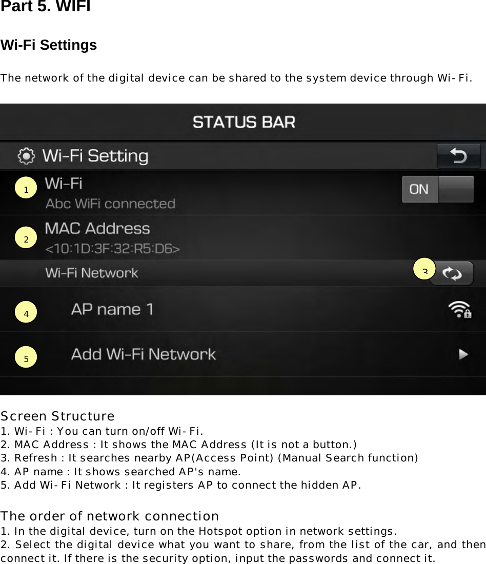 Part 5. WIFI  Wi-Fi Settings  The network of the digital device can be shared to the system device through Wi-Fi.     Screen Structure  1. Wi-Fi : You can turn on/off Wi-Fi. 2. MAC Address : It shows the MAC Address (It is not a button.) 3. Refresh : It searches nearby AP(Access Point) (Manual Search function) 4. AP name : It shows searched AP&apos;s name. 5. Add Wi-Fi Network : It registers AP to connect the hidden AP.   The order of network connection  1. In the digital device, turn on the Hotspot option in network settings.  2. Select the digital device what you want to share, from the list of the car, and then connect it. If there is the security option, input the passwords and connect it.   12453