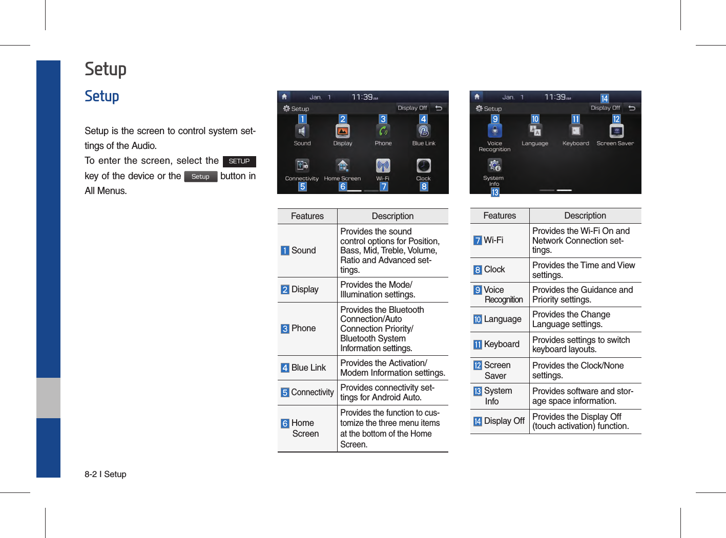 8-2 I SetupSetupSetupSetup is the screen to control system set-tings of the Audio. To enter the screen, select the SETUP key of the device or the Setup button in All Menus.Features Description SoundProvides the sound control options for Position, Bass, Mid, Treble, Volume, Ratio and Advanced set-tings. Display Provides the Mode/Illumination settings. PhoneProvides the Bluetooth Connection/Auto Connection Priority/Bluetooth System Information settings. Blue Link Provides the Activation/Modem Information settings. ConnectivityProvides connectivity set-tings for Android Auto.  Home ScreenProvides the function to cus-tomize the three menu items at the bottom of the Home Screen.Features Description Wi-FiProvides the Wi-Fi On and Network Connection set-tings. Clock Provides the Time and View settings. Voice      RecognitionProvides the Guidance and Priority settings. Language Provides the Change Language settings. Keyboard Provides settings to switch keyboard layouts. Screen      SaverProvides the Clock/None settings.  System InfoProvides software and stor-age space information. Display Off Provides the Display Off (touch activation) function. 