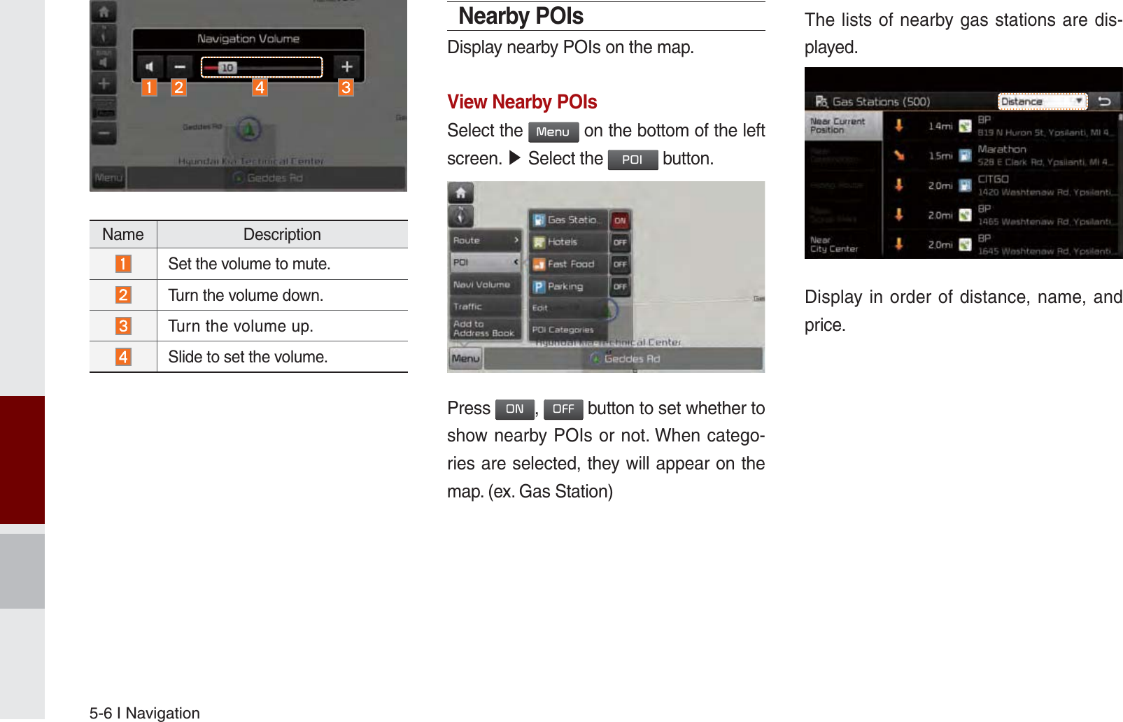 5-6 I NavigationNearby POIsDisplay nearby POIs on the map.View Nearby POIsSelect the 0HQX on the bottom of the left screen. ೛ Select the 32, button.Press 21, 2)) button to set whether to show nearby POIs or not. When catego-ries are selected, they will appear on the map. (ex. Gas Station)The lists of nearby gas stations are dis-played. Display in order of distance, name, and price.Name Description Set the volume to mute. Turn the volume down. Turn the volume up. Slide to set the volume.K_UM_G4.0[EN]AVN PART 5.indd   5-6 2014-10-02   오전 9:21:19