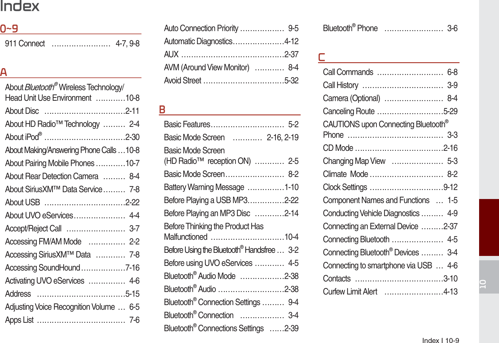 Index I 10-9a911 Connect  …………………… 4-7, 9-8$About Bluetooth® Wireless Technology/Head Unit Use Environment  …………10-8About Disc   ……………………………2-11About HD Radio™ Technology  ……… 2-4About iPod® ……………………………2-30About Making/Answering Phone Calls …10-8About Pairing Mobile Phones …………10-7About Rear Detection Camera  ……… 8-4About SiriusXM™ Data Service ……… 7-8About USB  ……………………………2-22About UVO eServices ………………… 4-4Accept/Reject Call  …………………… 3-7Accessing FM/AM Mode  …………… 2-2Accessing SiriusXM™ Data  ………… 7-8Accessing SoundHound ………………7-16Activating UVO eServices  …………… 4-6Address ………………………………5-15Adjusting Voice Recognition Volume  … 6-5Apps List  ……………………………… 7-6Auto Connection Priority ……………… 9-5Automatic Diagnostics …………………4-12AUX ……………………………………2-37AVM (Around View Monitor)  ………… 8-4Avoid Street ……………………………5-32%Basic Features ………………………… 5-2Basic Mode Screen   ………… 2-16, 2-19Basic Mode Screen (HD Radio™  reception ON)  ………… 2-5Basic Mode Screen …………………… 8-2Battery Warning Message  ……………1-10Before Playing a USB MP3 ……………2-22Before Playing an MP3 Disc  …………2-14Before Thinking the Product Has Malfunctioned …………………………10-4Before Using the Bluetooth® Handsfree … 3-2Before using UVO eServices ………… 4-5Bluetooth® Audio Mode  ………………2-38Bluetooth® Audio ………………………2-38Bluetooth® Connection Settings ……… 9-4Bluetooth® Connection  ……………… 3-4Bluetooth® Connections Settings  ……2-39Bluetooth® Phone  …………………… 3-6&amp;Call Commands  ……………………… 6-8Call History  …………………………… 3-9Camera (Optional)  …………………… 8-4Canceling Route ………………………5-29CAUTIONS upon Connecting Bluetooth® Phone ………………………………… 3-3CD Mode ………………………………2-16Changing Map View  ………………… 5-3Climate  Mode ………………………… 8-2Clock Settings …………………………9-12Component Names and Functions  … 1-5Conducting Vehicle Diagnostics ……… 4-9Connecting an External Device  ………2-37Connecting Bluetooth ………………… 4-5Connecting Bluetooth® Devices ……… 3-4Connecting to smartphone via USB  … 4-6Contacts ………………………………3-10Curfew Limit Alert  ……………………4-13,QGH[K_UM_G4.0[EN]AVN PART 10.indd   10-9 2014-10-02   오후 1:22:59