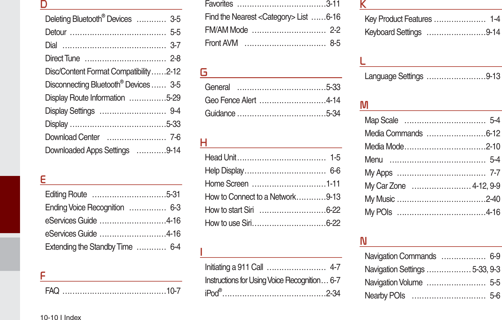 10-10 I Index&apos;Deleting Bluetooth® Devices  ………… 3-5Detour ………………………………… 5-5Dial …………………………………… 3-7Direct Tune  …………………………… 2-8Disc/Content Format Compatibility ……2-12Disconnecting Bluetooth® Devices …… 3-5Display Route Information  ……………5-29Display Settings  ……………………… 9-4Display …………………………………5-33Download Center   …………………… 7-6Downloaded Apps Settings  …………9-14(Editing Route  …………………………5-31Ending Voice Recognition  …………… 6-3eServices Guide  ………………………4-16eServices Guide  ………………………4-16Extending the Standby Time  ………… 6-4)FAQ ……………………………………10-7Favorites ………………………………3-11Find the Nearest &lt;Category&gt; List  ……6-16FM/AM Mode  ………………………… 2-2Front AVM  …………………………… 8-5*General ………………………………5-33Geo Fence Alert  ………………………4-14Guidance ………………………………5-34+Head Unit ……………………………… 1-5Help Display …………………………… 6-6Home Screen  …………………………1-11How to Connect to a Network …………9-13How to start Siri  ………………………6-22How to use Siri …………………………6-22,Initiating a 911 Call  …………………… 4-7Instructions for Using Voice Recognition … 6-7iPod® …………………………………… 2-34.Key Product Features ………………… 1-4Keyboard Settings  ……………………9-14/Language Settings  ……………………9-130Map Scale  …………………………… 5-4Media Commands  ……………………6-12Media Mode ……………………………2-10Menu ………………………………… 5-4My Apps  ……………………………… 7-7My Car Zone   …………………… 4-12, 9-9My Music ………………………………2-40My POIs  ………………………………4-161Navigation Commands  ……………… 6-9Navigation Settings ……………… 5-33, 9-3Navigation Volume  …………………… 5-5Nearby POIs  ………………………… 5-6K_UM_G4.0[EN]AVN PART 10.indd   10-10 2014-10-02   오후 1:22:59
