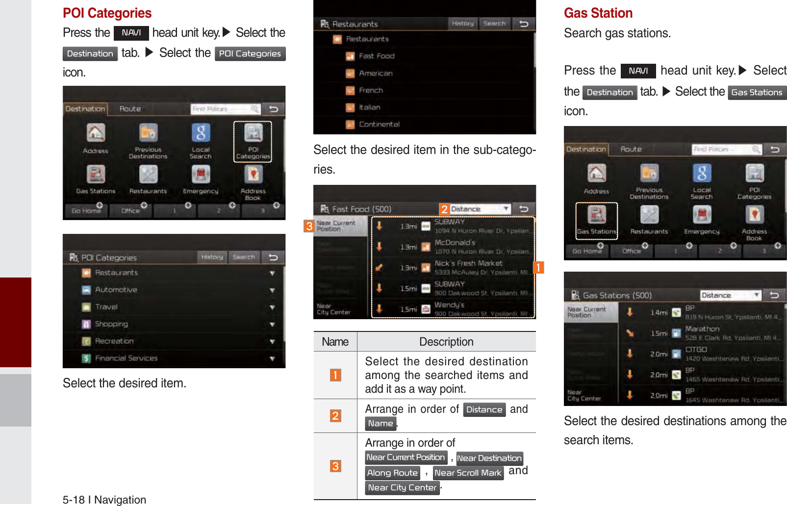 5-18 I NavigationPOI CategoriesPress the 1$9, head unit key.೛ Select the &apos;HVWLQDWLRQ tab. ೛ Select the 32,&amp;DWHJRULHV icon.Select the desired item.Select the desired item in the sub-catego-ries.Gas StationSearch gas stations.Press the 1$9, head unit key.೛ Select the &apos;HVWLQDWLRQ tab. ೛ Select the *DV6WDWLRQV icon.Select the desired destinations among the search items. Name Description Select the desired destination among the searched items and add it as a way point. Arrange in order of &apos;LVWDQFH and 1DPH. Arrange in order of 1HDU&amp;XUUHQW3RVLWLRQ , 1HDU&apos;HVWLQDWLRQ$ORQJ5RXWH , 1HDU6FUROO0DUN and 1HDU&amp;LW\&amp;HQWHU.K_UM_G4.0[EN]AVN PART 5.indd   5-18 2014-10-02   오전 9:22:19