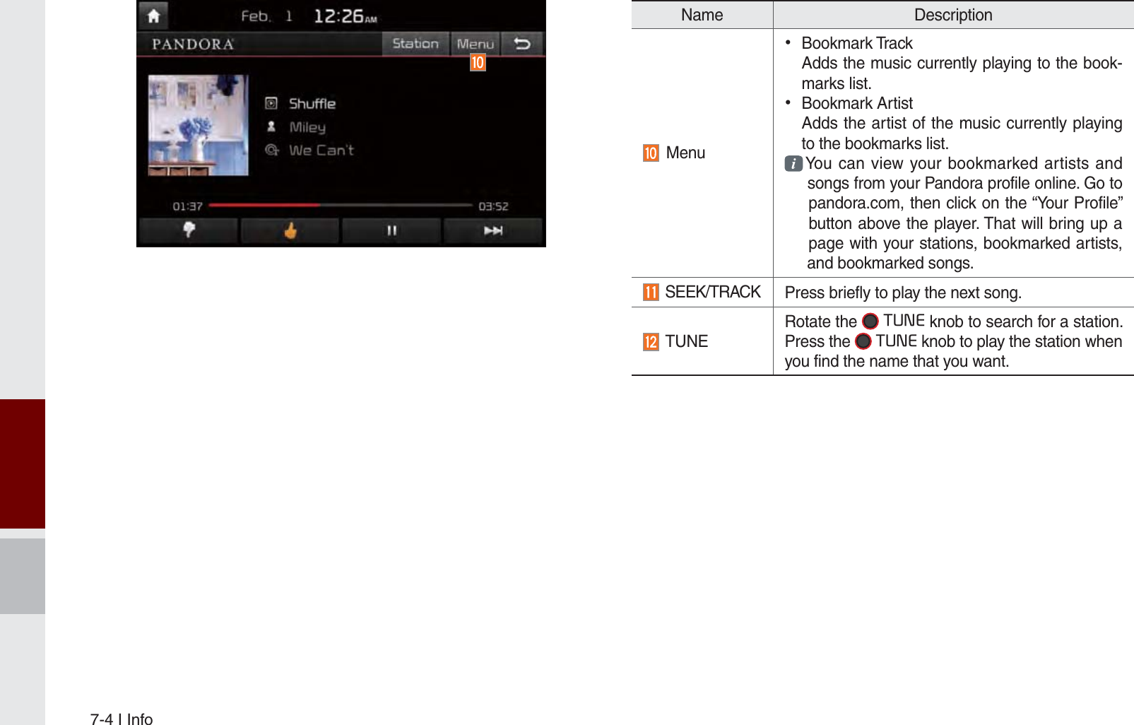 7-4 I InfoName Description Menu Bookmark TrackAdds the music currently playing to the book-marks list. Bookmark ArtistAdds the artist of the music currently playing to the bookmarks list.  You can view your bookmarked artists and  songs from your Pandora profile online. Go to  pandora.com, then click on the “Your Profile”  button above the player. That will bring up a  page with your stations, bookmarked artists,  and bookmarked songs. SEEK/TRACK Press briefly to play the next song. TUNERotate the  781(knob to search for a station. Press the  781(knob to play the station when you find the name that you want.K_UM_G4.0[EN]AVN PART 7.indd   7-4 2014-10-02   오후 1:06:26