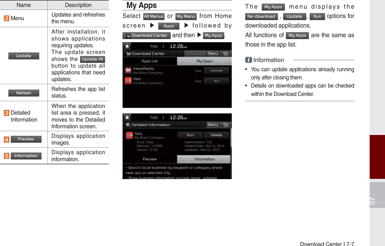 Download Center I 7-7My Apps Select $OO0HQXV or 0\0HQX from Home screen ೛ $SSV ೛ followed by &apos;RZQORDG&amp;HQWHU and then ೛ 0\$SSV.The 0\$SSV menu displays the 5HGRZQORDG , 8SGDWH, 5XQ options for downloaded applications.All functions of 0\$SSV are the same as those in the app list.i Information•  You can update applications already running only after closing them.•  Details on downloaded apps can be checked within the Download Center.  Name Description Menu Updates and refreshes the menu.8SGDWHAfter installation, it shows applications requiring updates.The update screen shows the 8SGDWH$OO button to update all applications that need updates.5HIUHVKRefreshes the app list status.   Detailed  InformationWhen the application list area is pressed, it moves to the Detailed Information screen. 3UHYLHZ Displays application images. ,QIRUPDWLRQDisplays application information.K_UM_G4.0[EN]AVN PART 7.indd   7-7 2014-10-02   오후 1:06:40