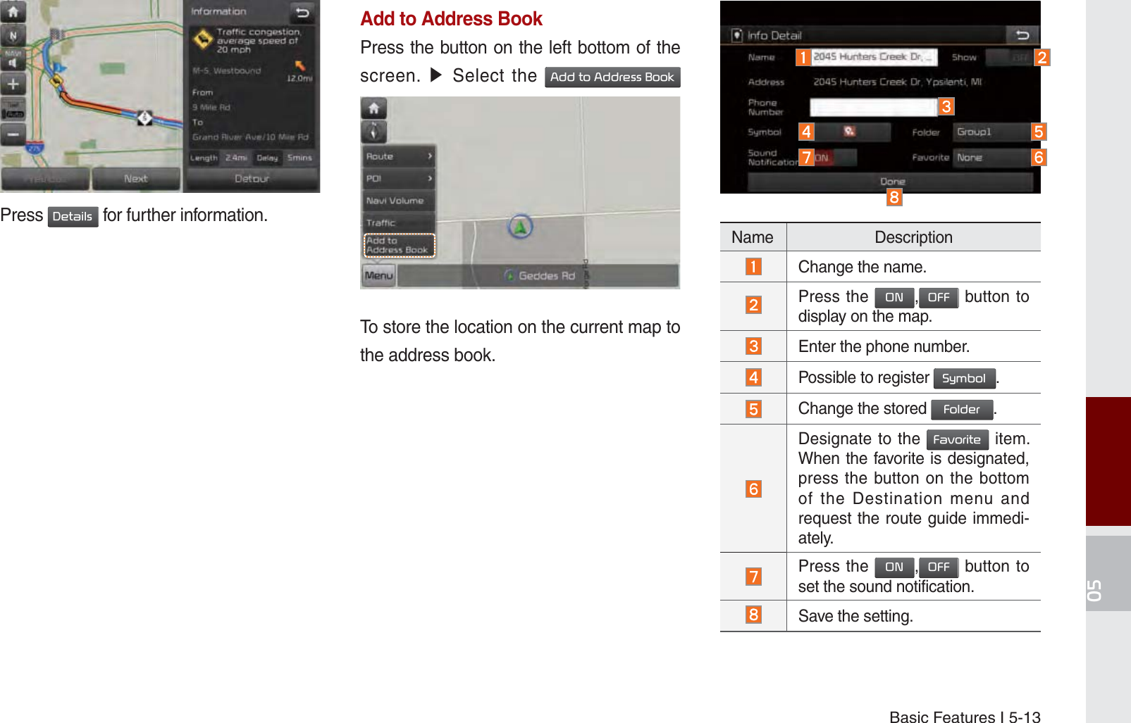 Basic Features I 5-13Press &apos;HWDLOV for further information.Add to Address BookPress the button on the left bottom of the screen. ೛ Select the $GGWR$GGUHVV%RRN To store the location on the current map to the address book.Name DescriptionChange the name.Press the 21,2)) button to display on the map.Enter the phone number.Possible to register 6\PERO. Change the stored )ROGHU. Designate to the )DYRULWH item. When the favorite is designated, press the button on the bottom of the Destination menu and request the route guide immedi-ately.Press the 21,2)) button to set the sound notification.Save the setting.K_UM_G4.0[EN]AVN PART 5.indd   5-13 2014-10-02   오전 9:21:51