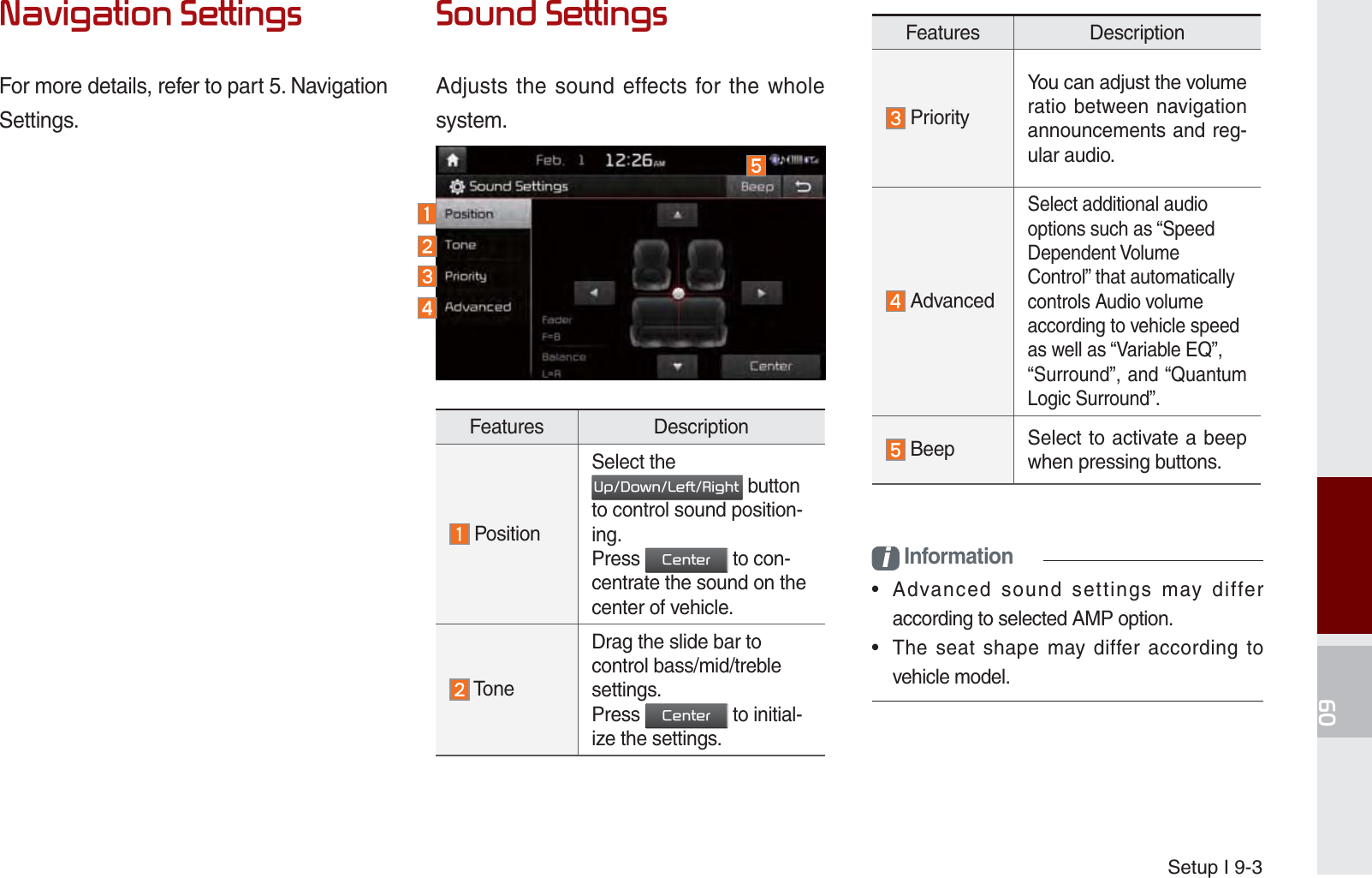 Setup I 9-31DYLJDWLRQ6HWWLQJVFor more details, refer to part 5. Navigation Settings.6RXQG6HWWLQJVAdjusts the sound effects for the whole system.Features Description PositionSelect the 8S&apos;RZQ/HIW5LJKW button to control sound position-ing. Press &amp;HQWHU to con-centrate the sound on the center of vehicle. ToneDrag the slide bar to control bass/mid/treble settings.Press &amp;HQWHU to initial-ize the settings.Features Description PriorityYou can adjust the volume ratio between navigation announcements and reg-ular audio. AdvancedSelect additional audiooptions such as “SpeedDependent VolumeControl” that automaticallycontrols Audio volumeaccording to vehicle speedas well as “Variable EQ”,“Surround”, and “Quantum Logic Surround”. Beep Select to activate a beep when pressing buttons.i Information•  Advanced sound settings may differ according to selected AMP option.•  The seat shape may differ according to vehicle model.K_UM_G4.0[EN]AVN PART 9.indd   9-3 2014-10-02   오후 1:21:06