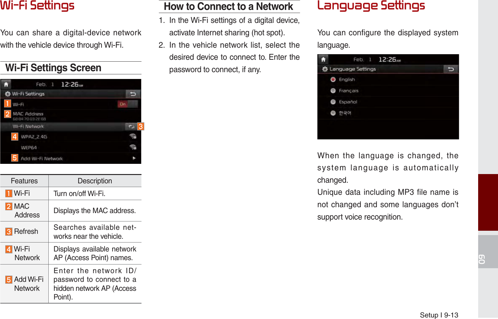 Setup I 9-13:L)L6HWWLQJVYou can share a digital-device network with the vehicle device through Wi-Fi.Wi-Fi Settings Screen Features Description Wi-Fi Turn on/off Wi-Fi.  MAC      Address Displays the MAC address. Refresh Searches available net-works near the vehicle.  Wi-Fi     NetworkDisplays available network AP (Access Point) names.  Add Wi-Fi  NetworkEnter the network ID/password to connect to a hidden network AP (Access Point).How to Connect to a Network1.  In the Wi-Fi settings of a digital device, activate Internet sharing (hot spot).2.   In the vehicle network list, select the desired device to connect to. Enter the password to connect, if any./DQJXDJH6HWWLQJVYou can configure the displayed system language.When the language is changed, the system language is automatically changed.Unique data including MP3 file name is not changed and some languages don’t support voice recognition.K_UM_G4.0[EN]AVN PART 9.indd   9-13 2014-10-02   오후 1:21:41