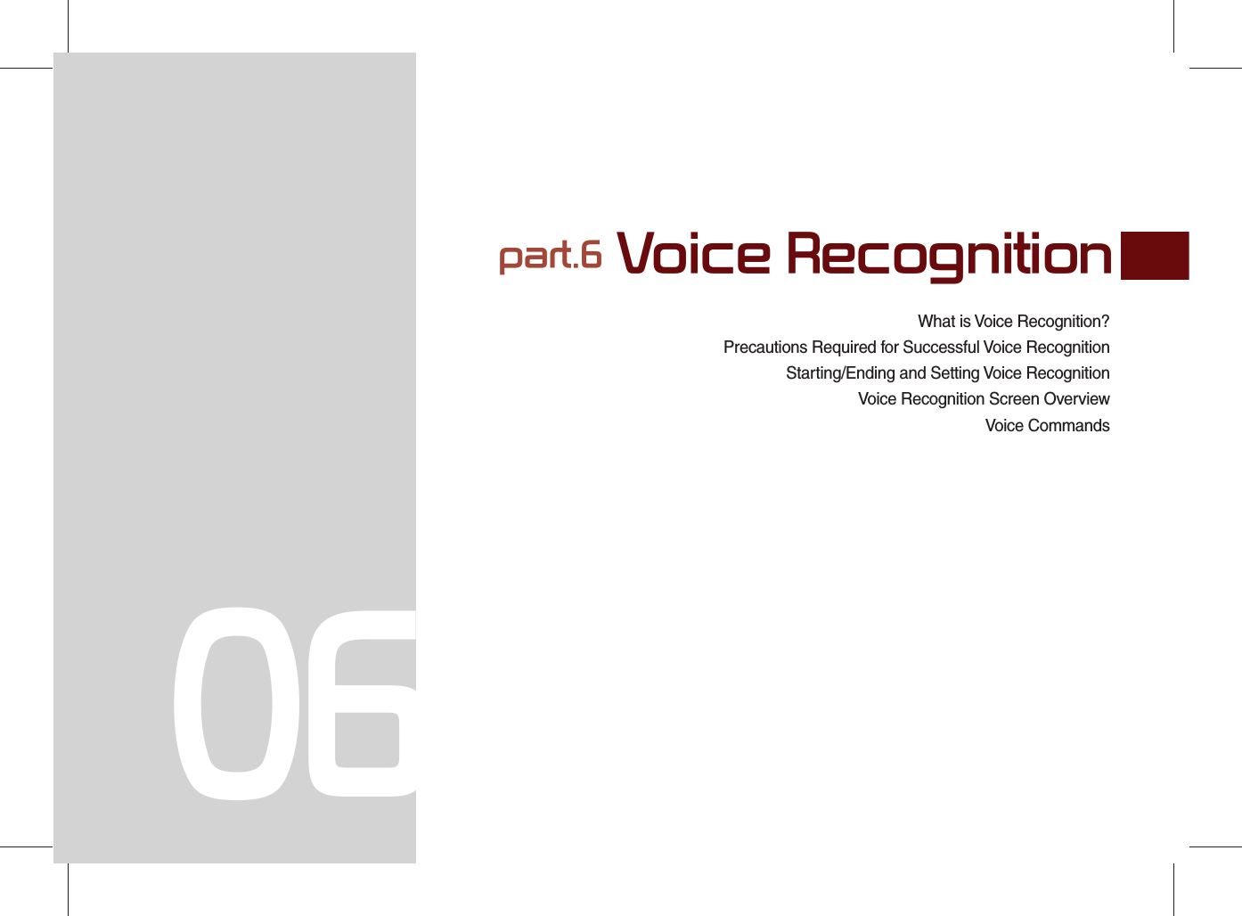 What is Voice Recognition?Precautions Required for Successful Voice RecognitionStarting/Ending and Setting Voice Recognition  Voice Recognition Screen OverviewVoice Commands part.6 Voice Recognition06