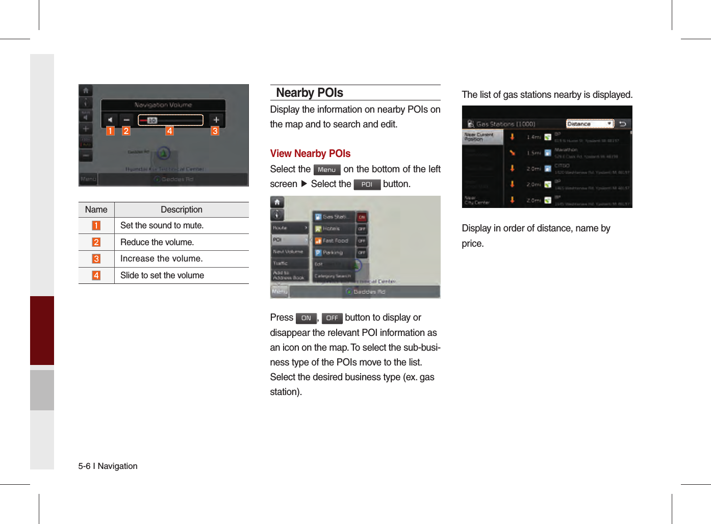 5-6 I NavigationNearby POIsDisplay the information on nearby POIs on the map and to search and edit.View Nearby POIsSelect the Menu on the bottom of the left screen ▶ Select the POI button.Press ON, OFF button to display or disappear the relevant POI information as an icon on the map. To select the sub-busi-ness type of the POIs move to the list. Select the desired business type (ex. gas station).The list of gas stations nearby is displayed.Display in order of distance, name by price.Name Description Set the sound to mute. Reduce the volume. Increase the volume. Slide to set the volume