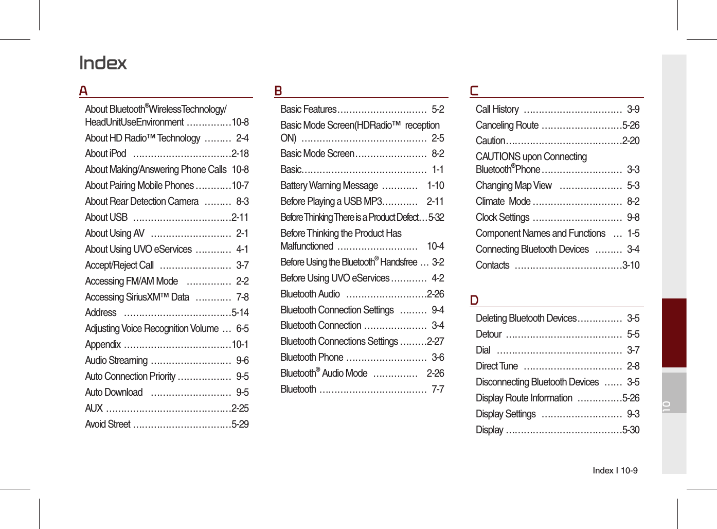 Index I 10-910AAbout Bluetooth®WirelessTechnology/HeadUnitUseEnvironment ……………10-8About HD Radio™ Technology  ……… 2-4About iPod  ……………………………2-18About Making/Answering Phone Calls  10-8About Pairing Mobile Phones …………10-7About Rear Detection Camera  ……… 8-3About USB  ……………………………2-11About Using AV  ……………………… 2-1About Using UVO eServices  …………  4-1Accept/Reject Call  …………………… 3-7Accessing FM/AM Mode  …………… 2-2Accessing SiriusXM™ Data  ………… 7-8Address ………………………………5-14Adjusting Voice Recognition Volume  … 6-5Appendix  ………………………………10-1Audio Streaming  ……………………… 9-6Auto Connection Priority ……………… 9-5Auto Download  ……………………… 9-5AUX ……………………………………2-25Avoid Street ……………………………5-29BBasic Features ………………………… 5-2Basic Mode Screen(HDRadio™  reception ON) …………………………………… 2-5Basic Mode Screen …………………… 8-2Basic …………………………………… 1-1Battery Warning Message  …………  1-10Before Playing a USB MP3 …………  2-11Before Thinking There is a Product Defect … 5-32Before Thinking the Product Has Malfunctioned ………………………  10-4Before Using the Bluetooth® Handsfree  … 3-2Before Using UVO eServices ………… 4-2Bluetooth Audio  ………………………2-26Bluetooth Connection Settings  ……… 9-4Bluetooth Connection ………………… 3-4Bluetooth Connections Settings ………2-27Bluetooth Phone ……………………… 3-6Bluetooth® Audio Mode  ……………  2-26Bluetooth ……………………………… 7-7CCall History  …………………………… 3-9Canceling Route ………………………5-26Caution ………………………………… 2-20CAUTIONS upon Connecting Bluetooth®Phone ……………………… 3-3Changing Map View  ………………… 5-3Climate  Mode ………………………… 8-2Clock Settings ………………………… 9-8Component Names and Functions  … 1-5Connecting Bluetooth Devices  ……… 3-4Contacts ………………………………3-10DDeleting Bluetooth Devices …………… 3-5Detour ………………………………… 5-5Dial …………………………………… 3-7Direct Tune  …………………………… 2-8Disconnecting Bluetooth Devices  …… 3-5Display Route Information  ……………5-26Display Settings  ……………………… 9-3Display …………………………………5-30Index