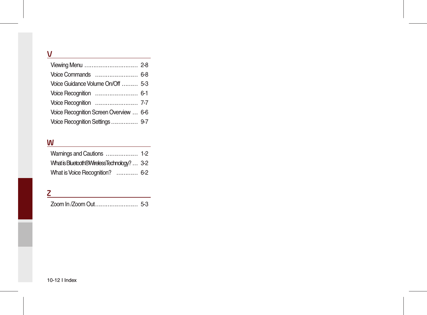 10-12 I IndexVViewing Menu  ………………………… 2-8Voice Commands  …………………… 6-8Voice Guidance Volume On/Off ……… 5-3Voice Recognition   …………………… 6-1Voice Recognition   …………………… 7-7Voice Recognition Screen Overview  … 6-6Voice Recognition Settings …………… 9-7WWarnings and Cautions  ……………… 1-2What is Bluetooth®WirelessTechnology? … 3-2What is Voice Recognition?  ………… 6-2ZZoom In /Zoom Out …………………… 5-3