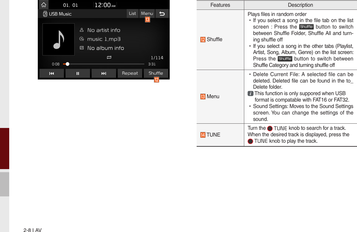 2-8 I AVFeatures Description ShufflePlays files in random order •If you select a song in the file tab on the list screen : Press the    button to  switch between Shuffle Folder, Shuffle All and turn-ing shuffle off  •If you select a song in the other tabs (Playlist, Artist, Song, Album, Genre) on the list screen: Press the    button to switch between Shuffle Category and turning shuffle off  Menu  •Delete Current  File: A selected file can be deleted. Deleted file can be found in the to_ Delete folder.  This function is only suppored when USB   format is compatable with FAT16 or FAT32. •Sound Settings: Moves to the Sound Settings screen. You can change the settings of the sound. TUNETurn the   TUNE knob to search for a track. When the desired track is displayed, press the  TUNE knob to play the track.