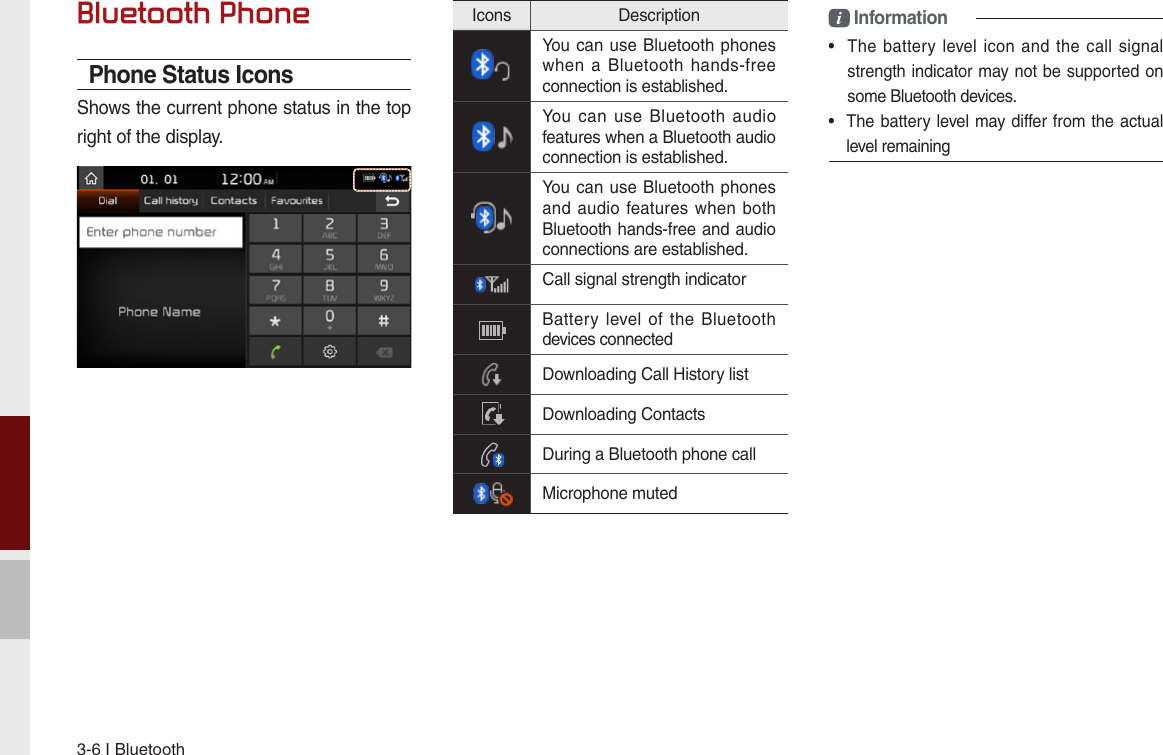 3-6 I BluetoothBluetooth PhonePhone Status Icons Shows the current phone status in the top right of the display. Information•   The  battery  level icon  and  the  call signal strength indicator may not be supported on some Bluetooth devices. •  The battery level may differ from the actual level remainingIcons DescriptionYou can use  Bluetooth phones when  a  Bluetooth  hands-free connection is established.You  can  use  Bluetooth  audio features when a Bluetooth audio connection is established.You can use  Bluetooth phones and audio features when  both Bluetooth hands-free and audio connections are established.Call signal strength indicatorBattery level  of  the  Bluetooth devices connectedDownloading Call History listDownloading ContactsDuring a Bluetooth phone callMicrophone muted