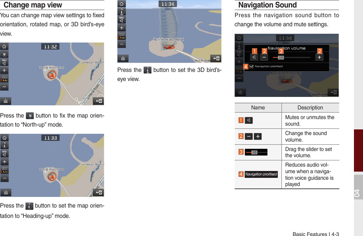 Basic Features I 4-304Change map viewYou can change map view settings to fixed orientation, rotated map, or 3D bird’s-eye view.Press the   button to fix the map orien-tation to “North-up” mode.Press the   button to set the map orien-tation to “Heading-up” mode.Press the   button to set the 3D bird’s-eye view.Navigation SoundPress  the  navigation  sound  button  to change the volume and mute settings. Name Description Mutes or unmutes the sound.    Change the sound volume. Drag the slider to set the volume. Navigation prioritisedReduces audio vol-ume when a naviga-tion voice guidance is played